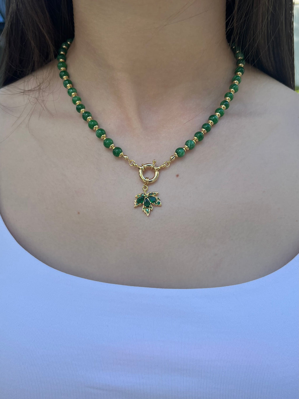 Natural Malaysia Jade Necklace with 18K Gold maple leaf pendant