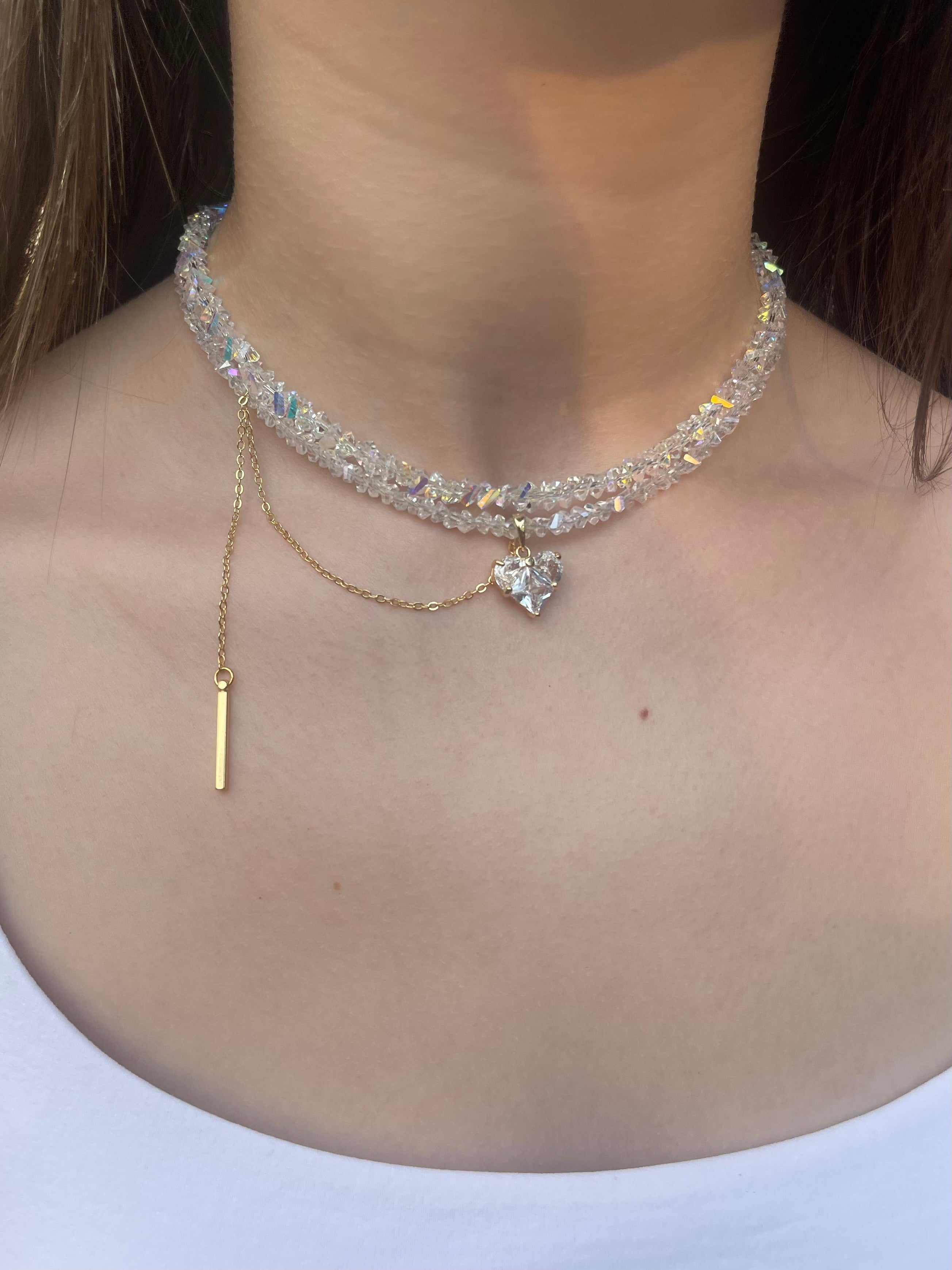 Set: Heart Crystal Choker Necklace and Earrings – 18K Gold Plated, Cubic Zirconia, Nickel Free