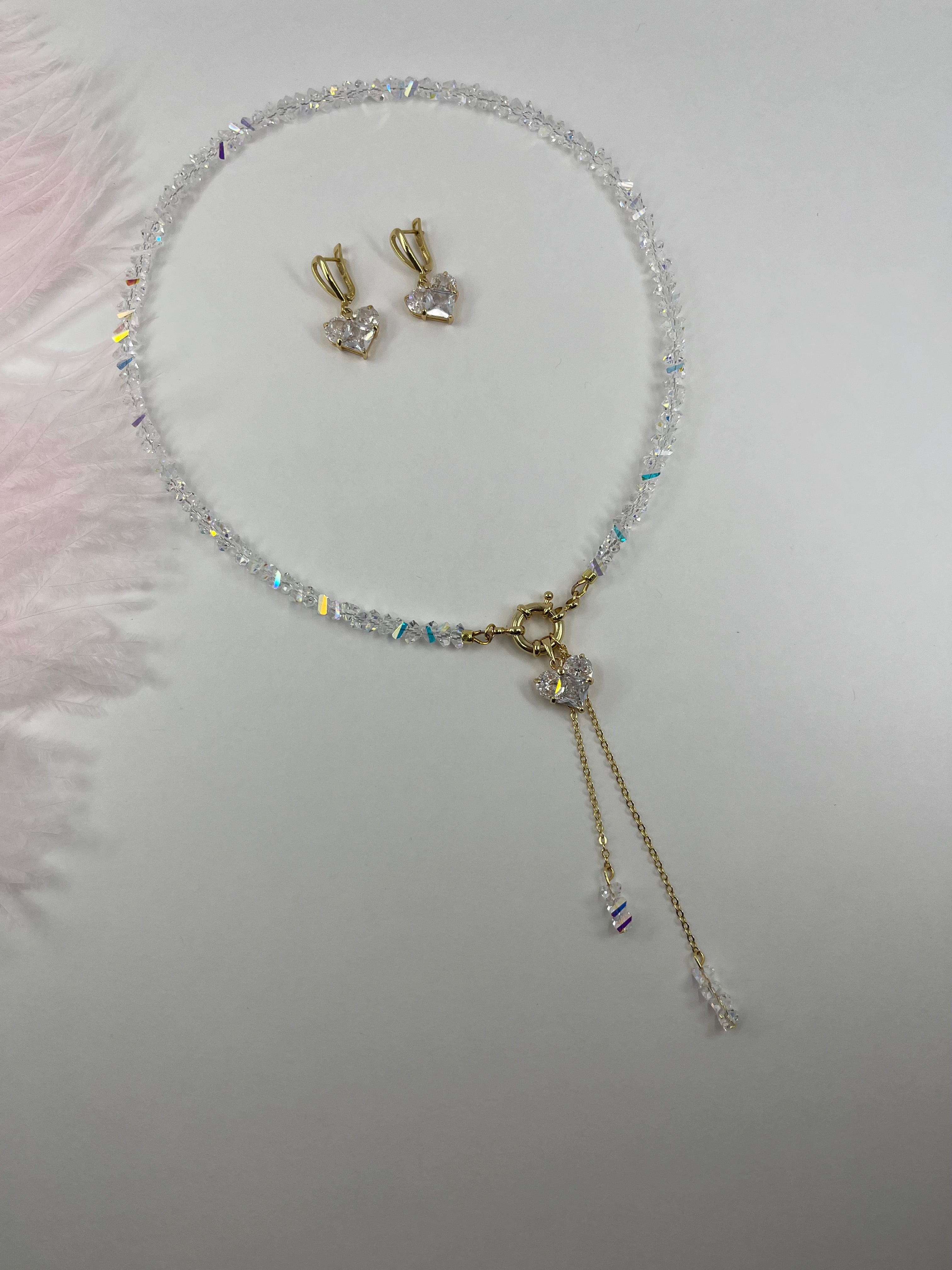 Set: Heart Crystal Y-Necklace and Earrings – 18K Gold Plated, Cubic Zirconia