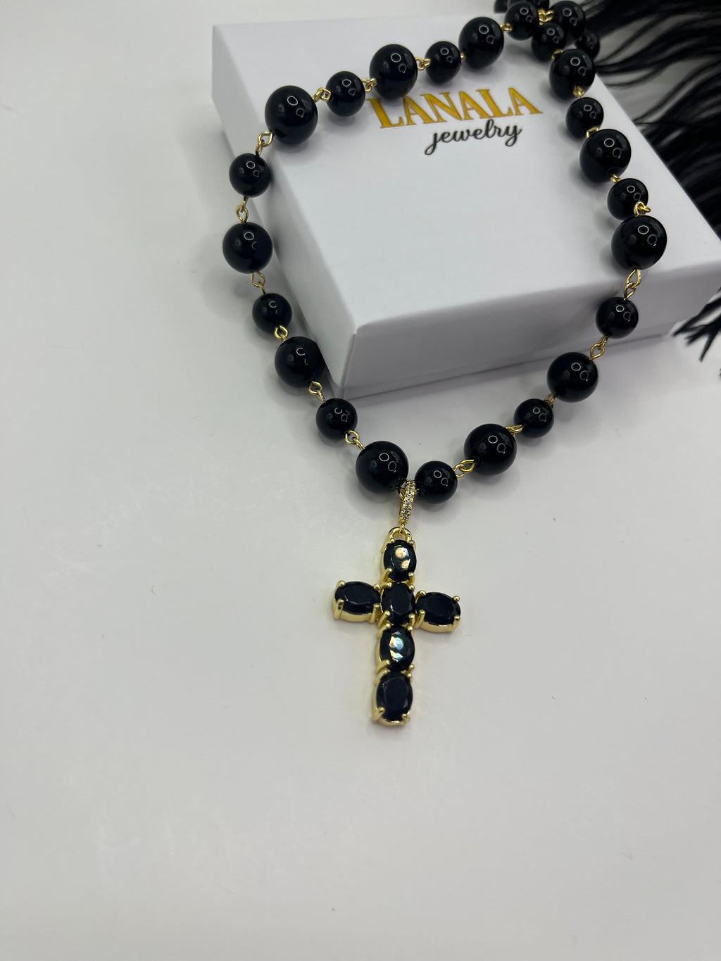 Black Onyx Necklace– 18K Gold Plated Zirconia Cross