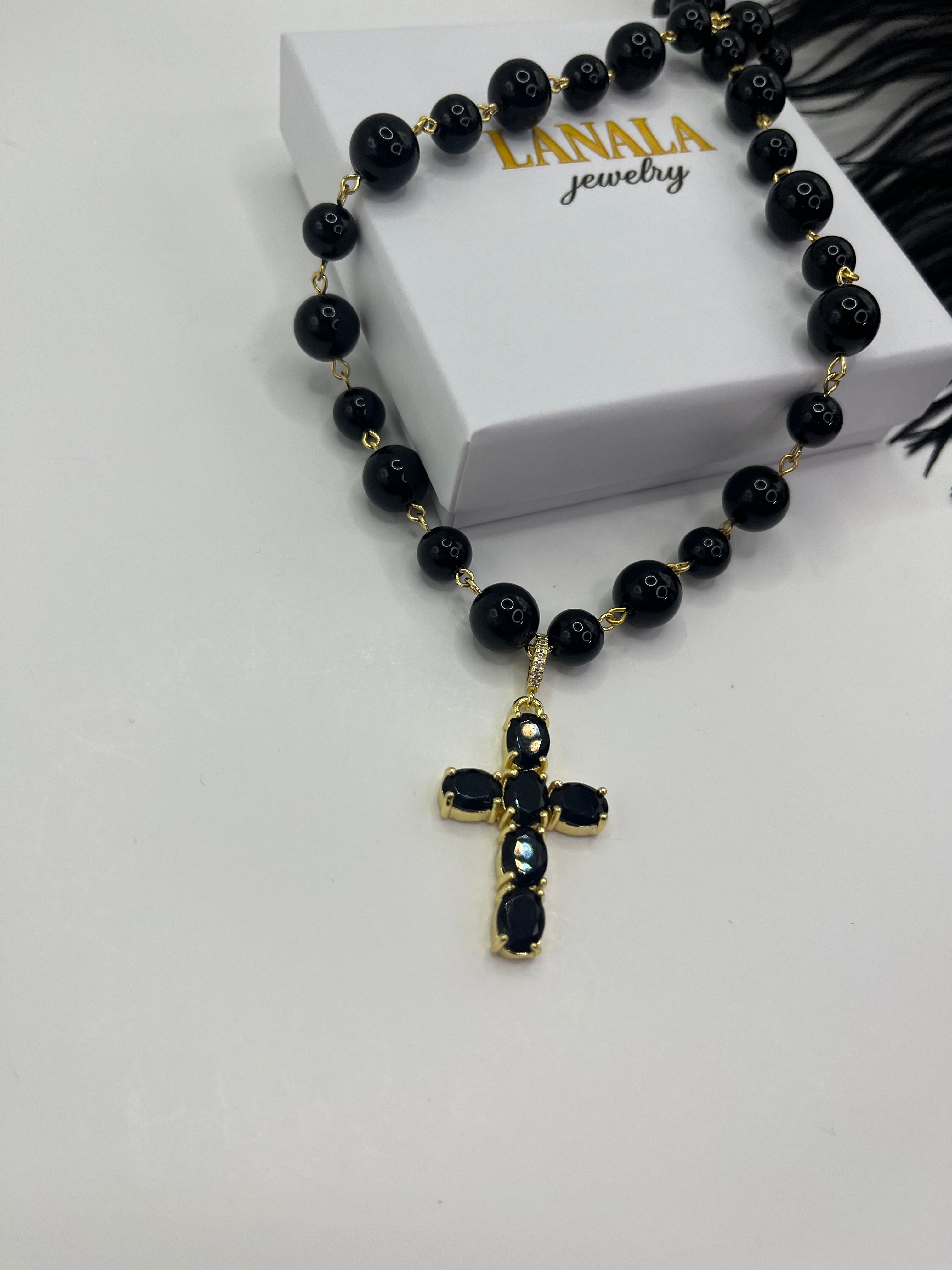 Black Onyx Necklace– 18K Gold Plated Zirconia Cross