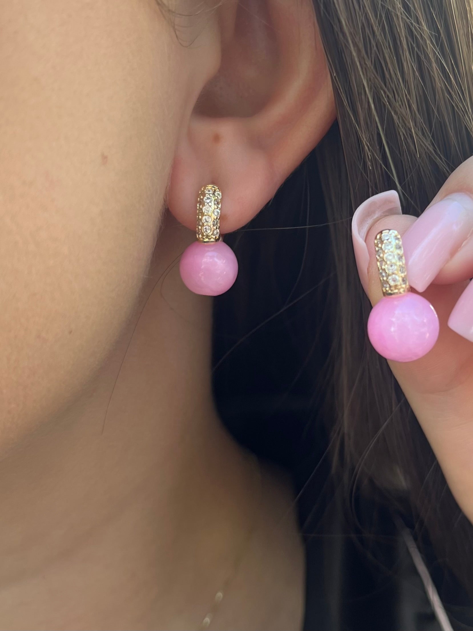 Natural pink Jade Gold Zirconia Earrings