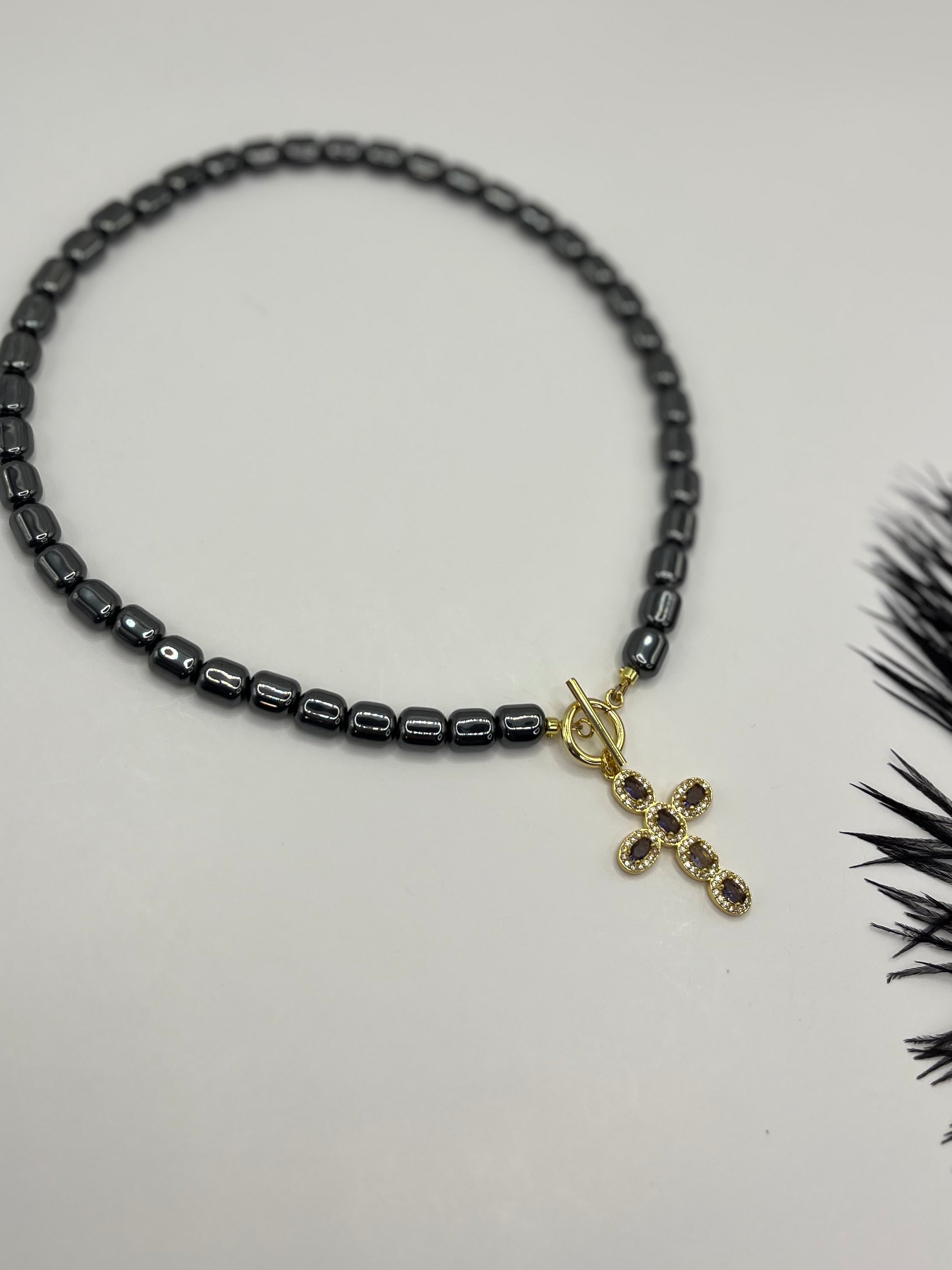 Hematite Choker Necklace with Cross pendant: 18K Gold Plated