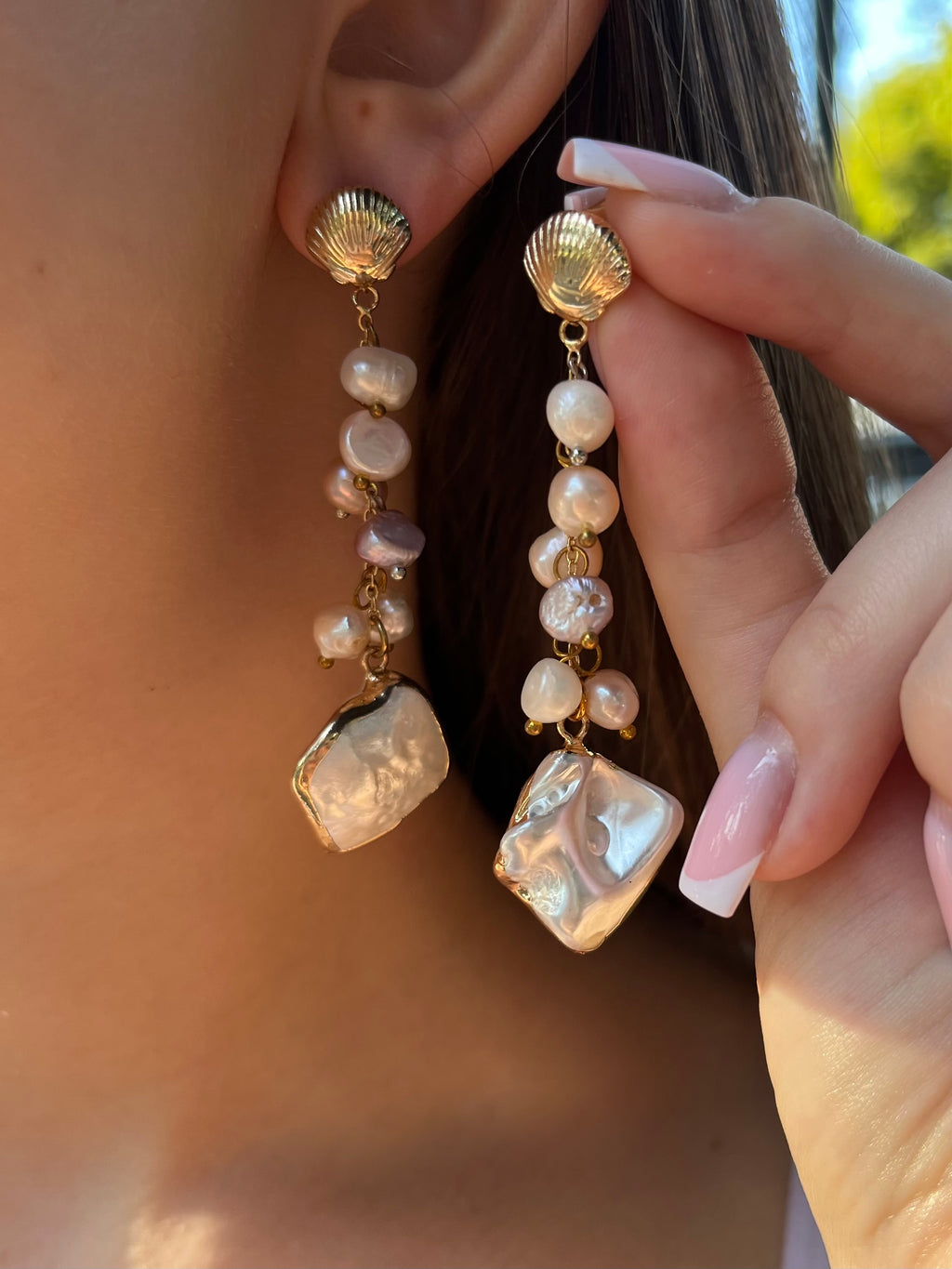 Long Natural Pearl Drop Earrings with baroque shell pendant