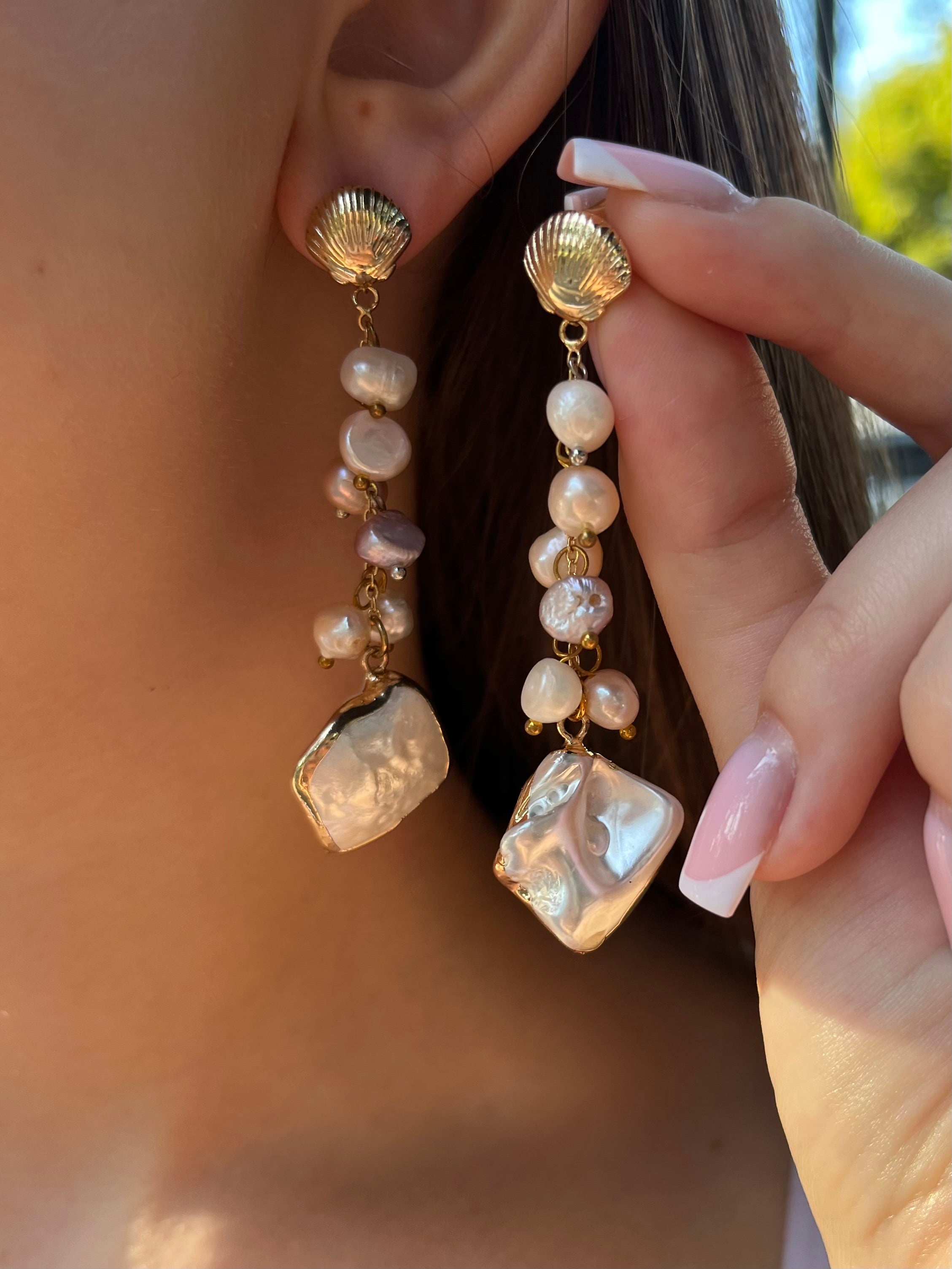 Long Natural Pearl Drop Earrings with baroque shell pendant
