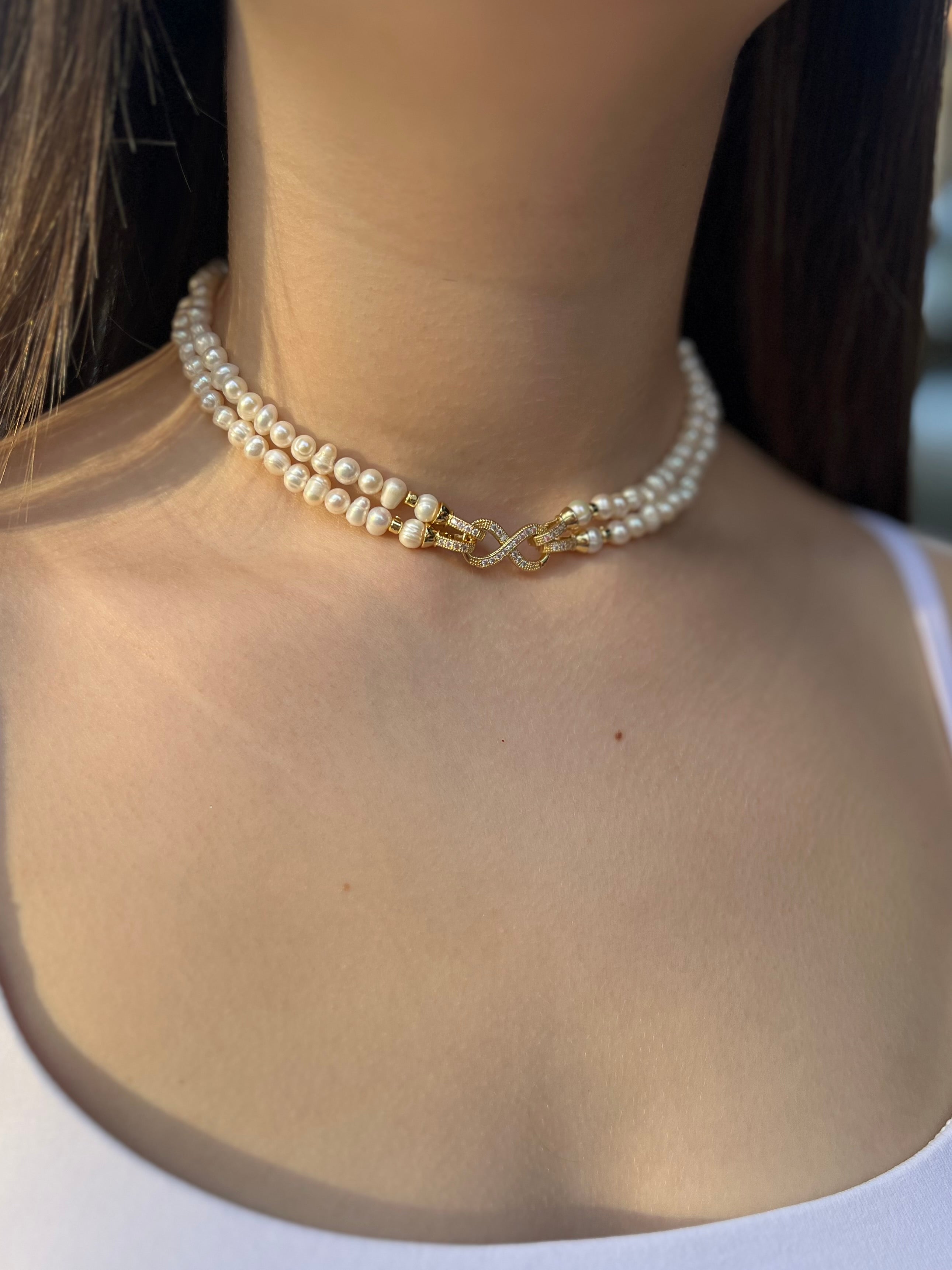 Pearl Choker Necklace : 18K Gold Plated Zirconia Clasp