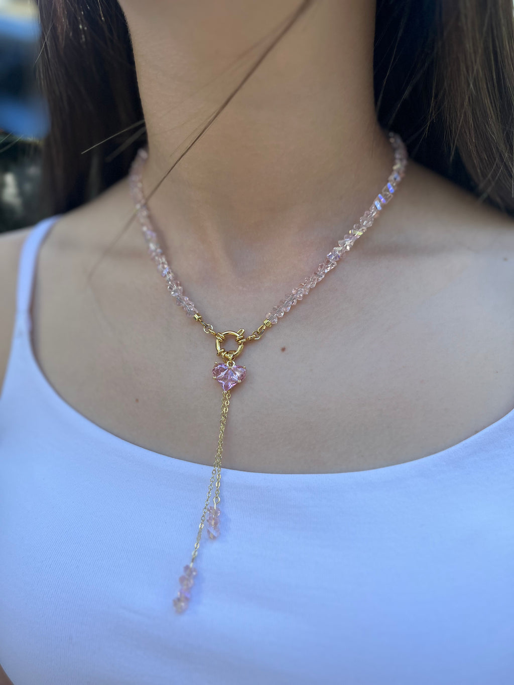 Set: Heart Pink Crystal Y-Necklace and Earrings – 18K Gold Plated, Cubic Zirconia