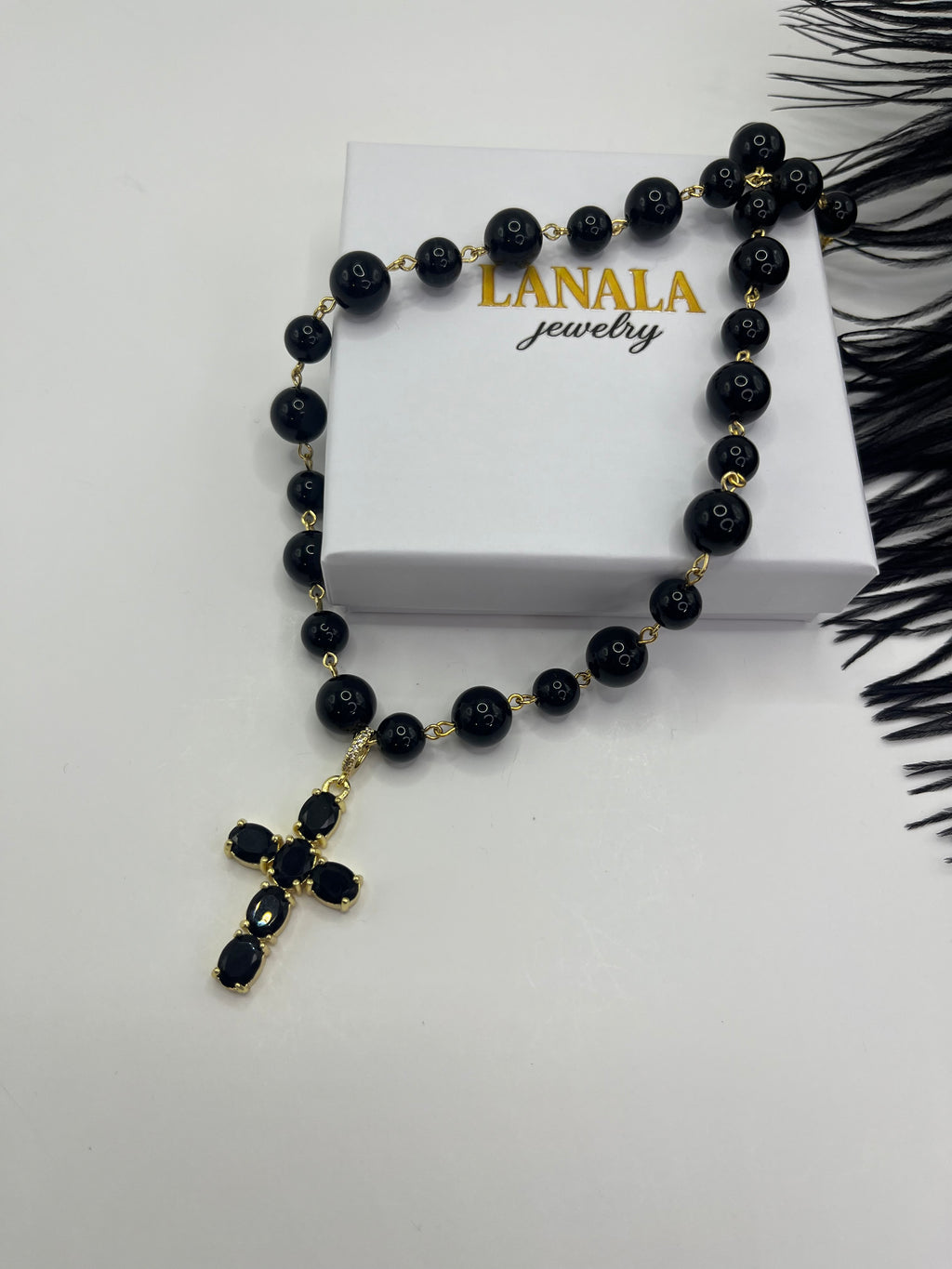 Black Onyx Necklace– 18K Gold Plated Zirconia Cross