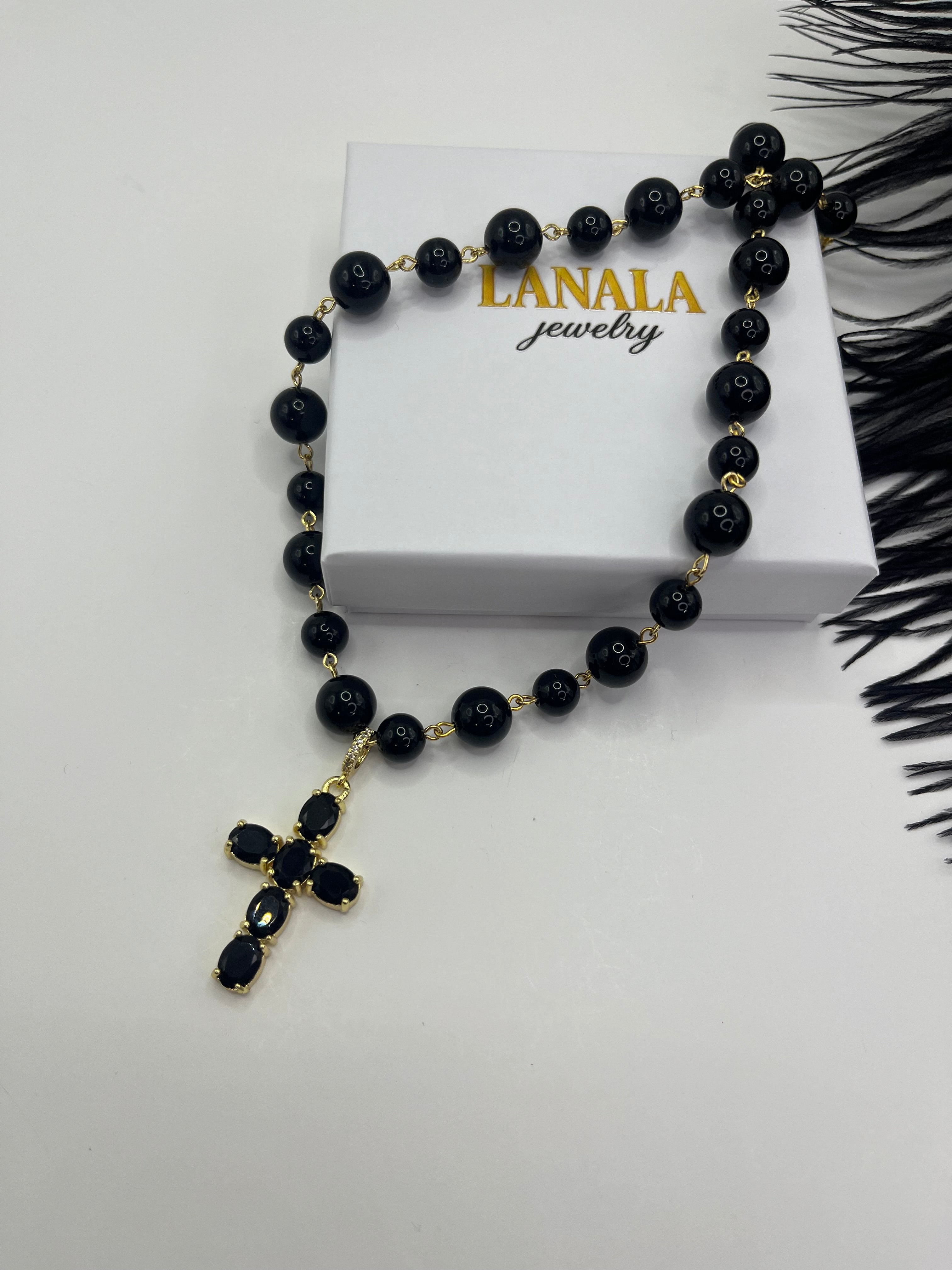 Black Onyx Necklace– 18K Gold Plated Zirconia Cross