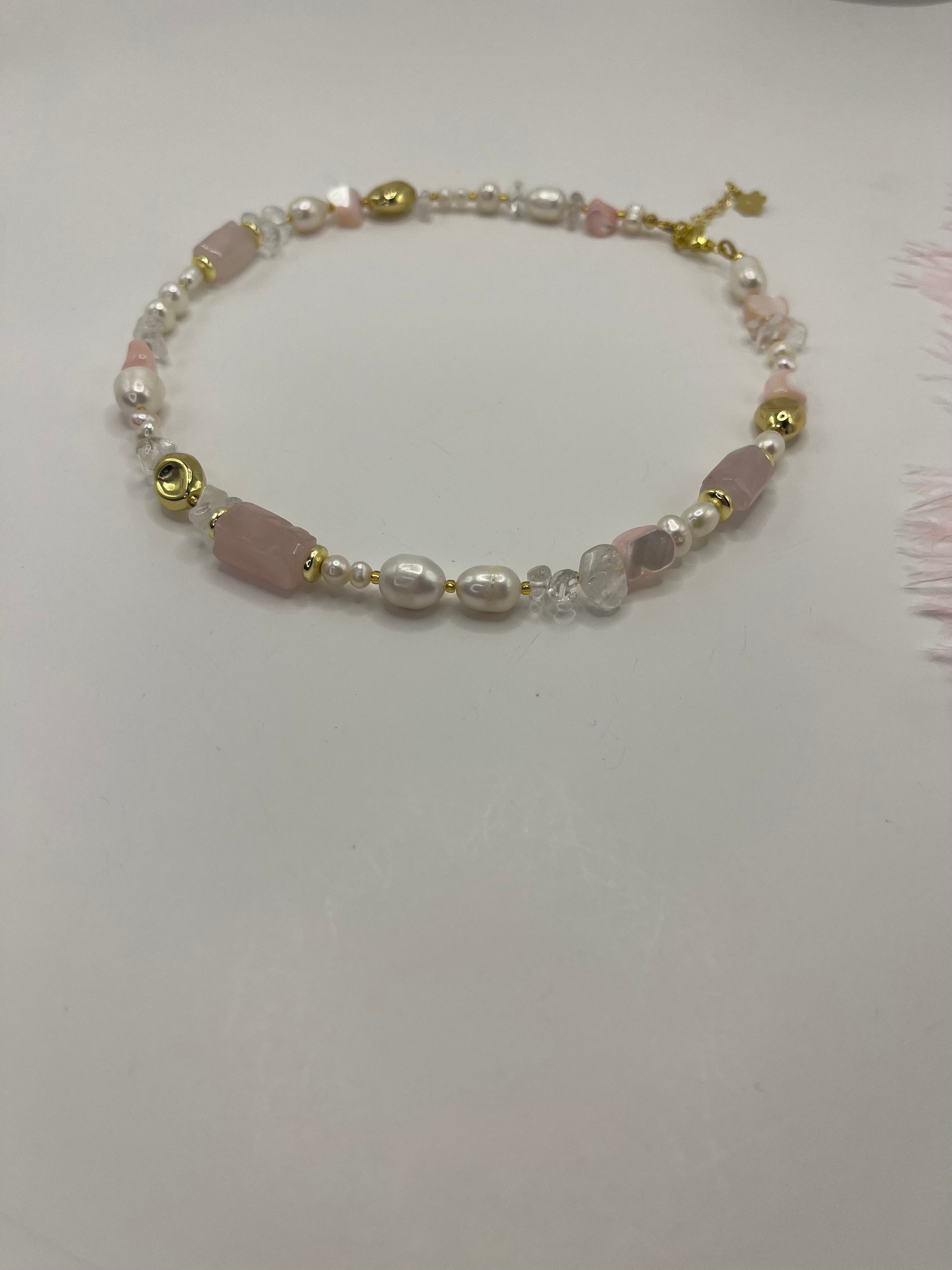 Set: Pearl and Rose Quartz Necklace and Earrings