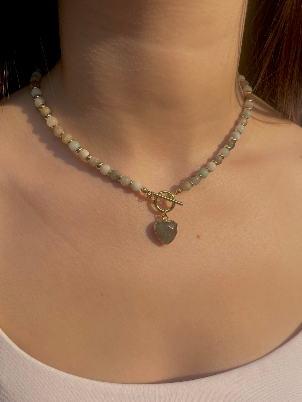 Natural Amazonite Heart Necklace, 18k gold plated clasp