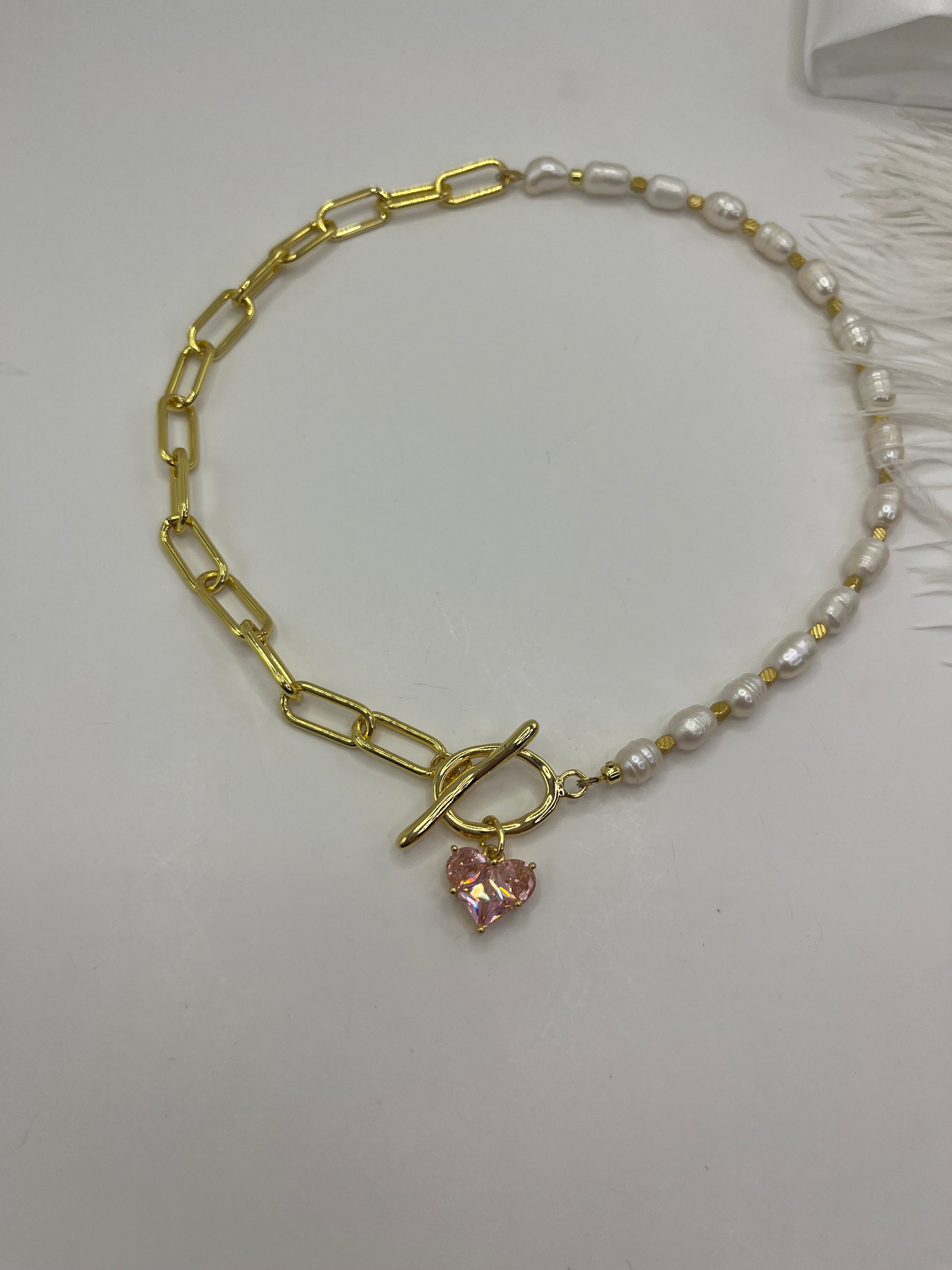 Asymmetrical Pearl Choker Necklace with earrings : 18K Gold Plated