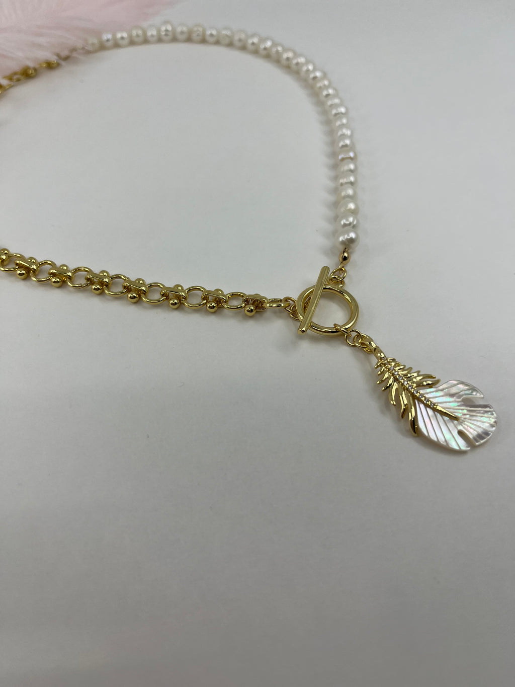 Asymmetrical Pearl Necklace with Feather Pendant, 18K Gold Plated Chain
