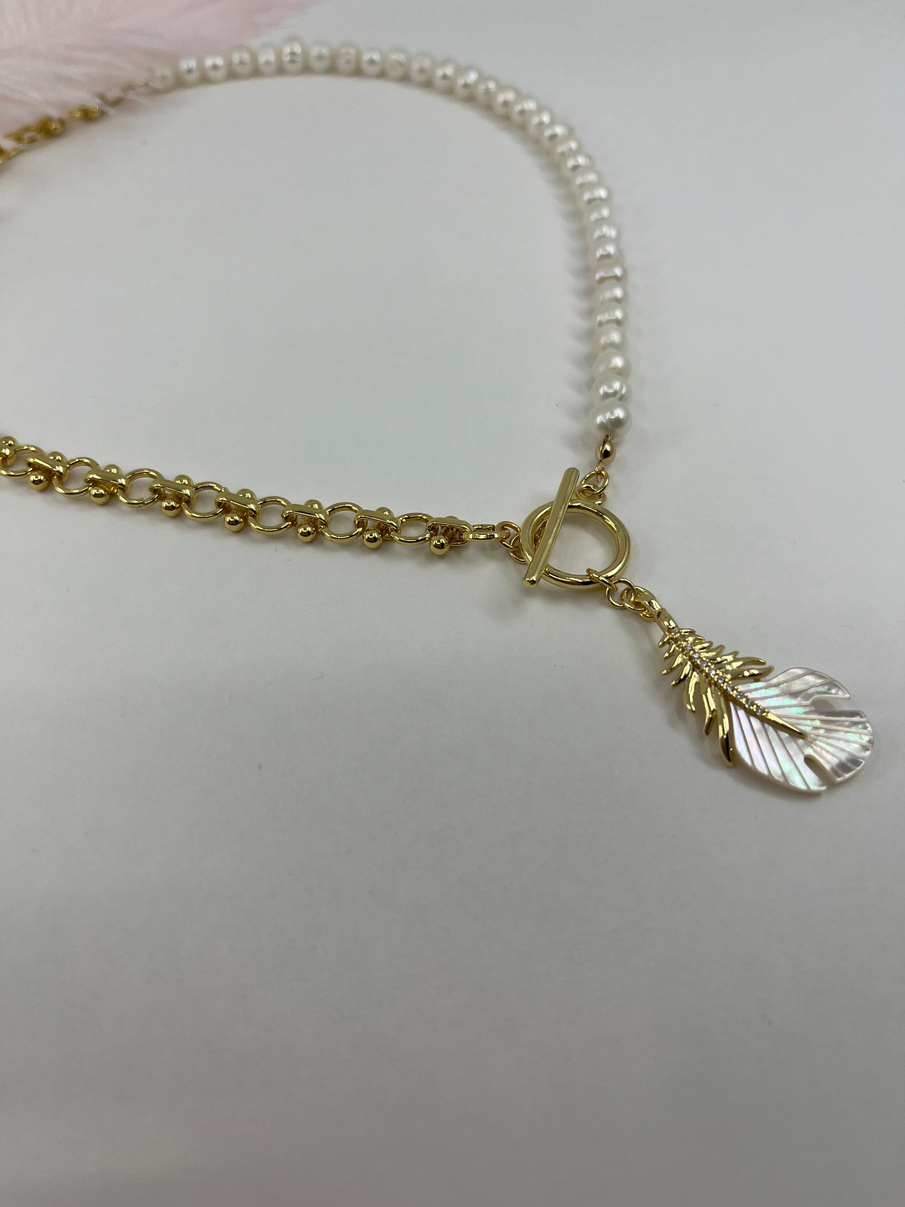 Asymmetrical Pearl Necklace with Feather Pendant, 18K Gold Plated Chain