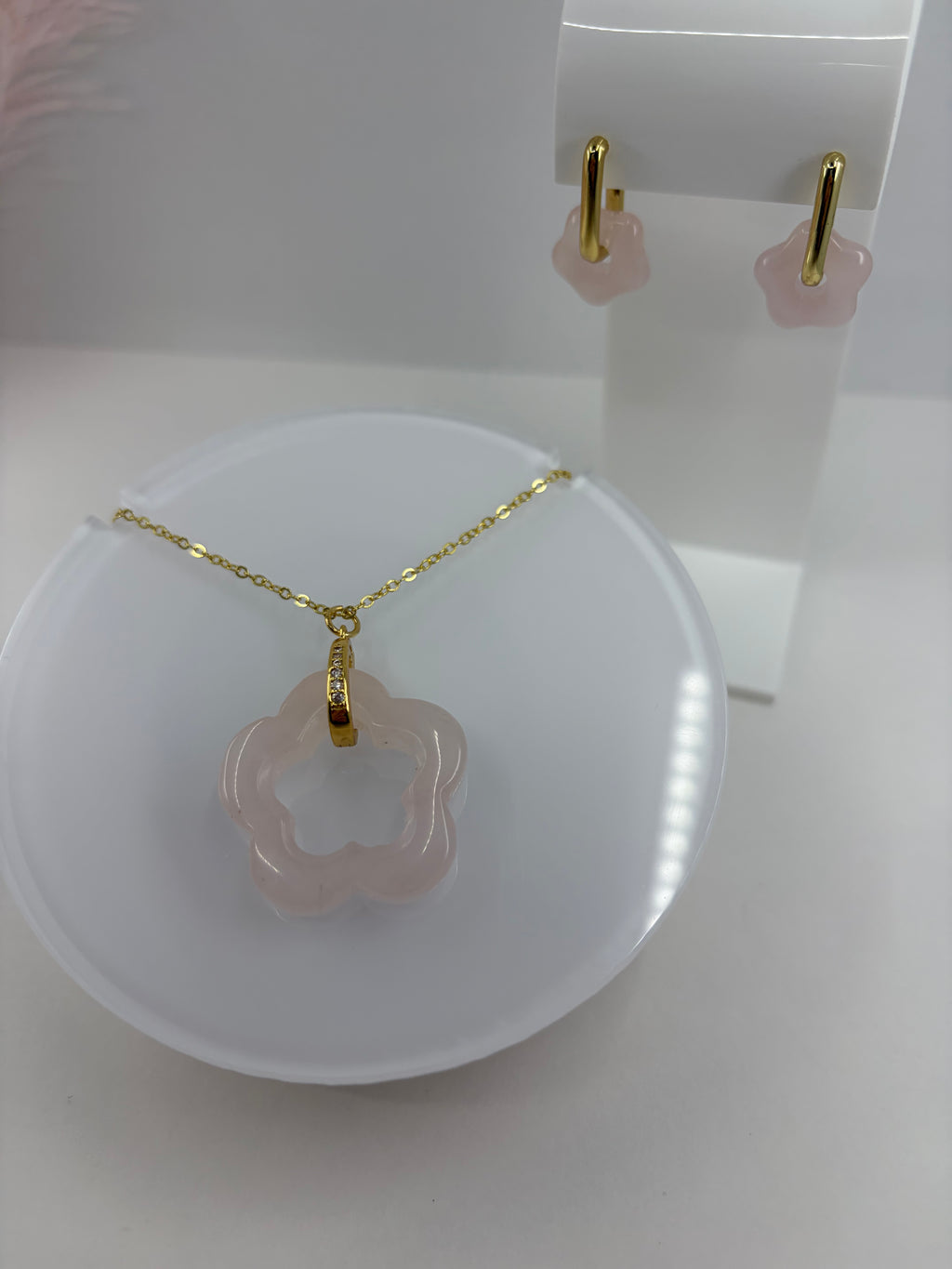 Rose Quartz flower Earrings and necklace,18K Gold Plated