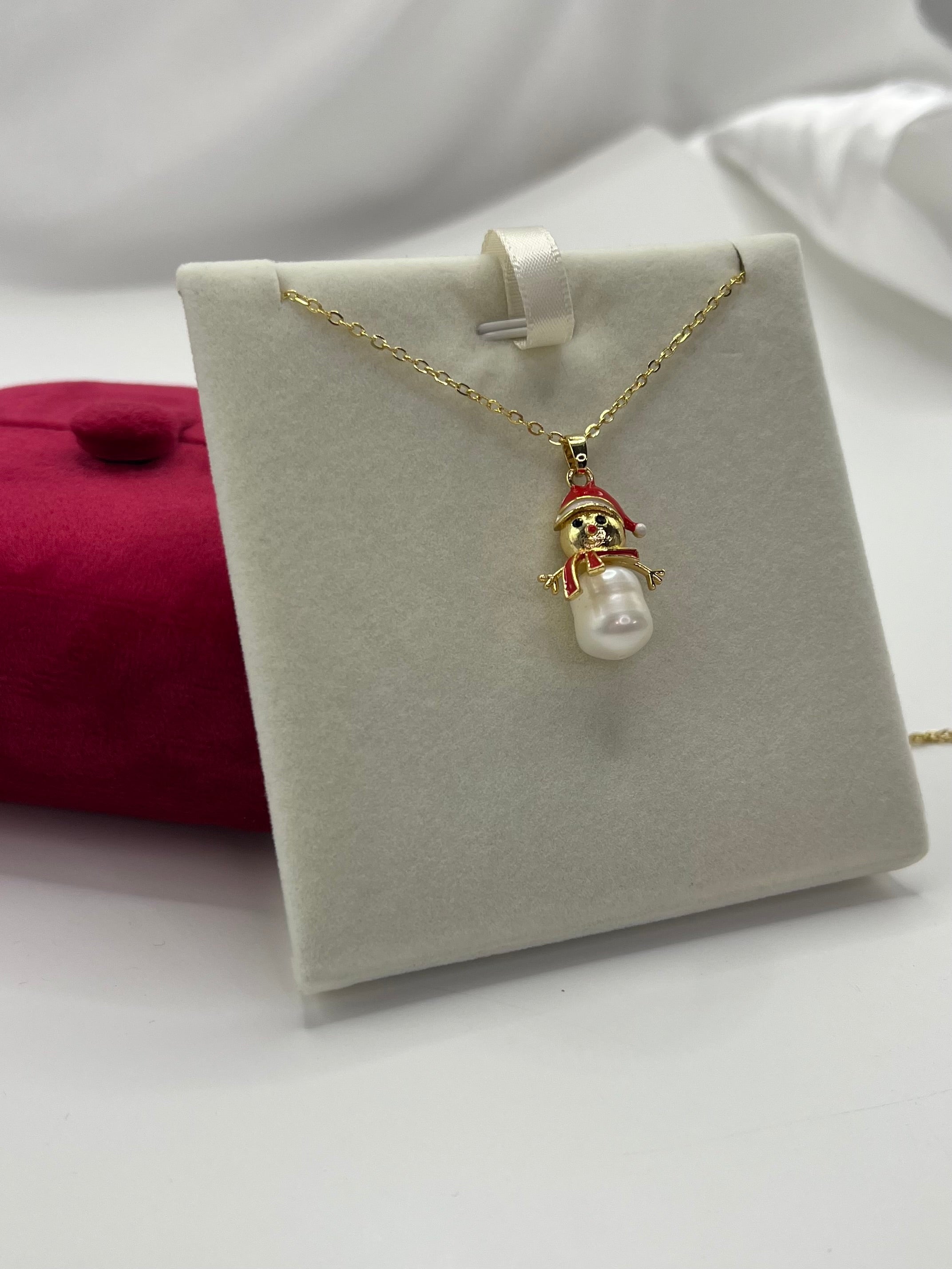 Natural freshwater Pearl Snowman Necklace: 18K Gold Plated Christmas Pendant
, including velvet box