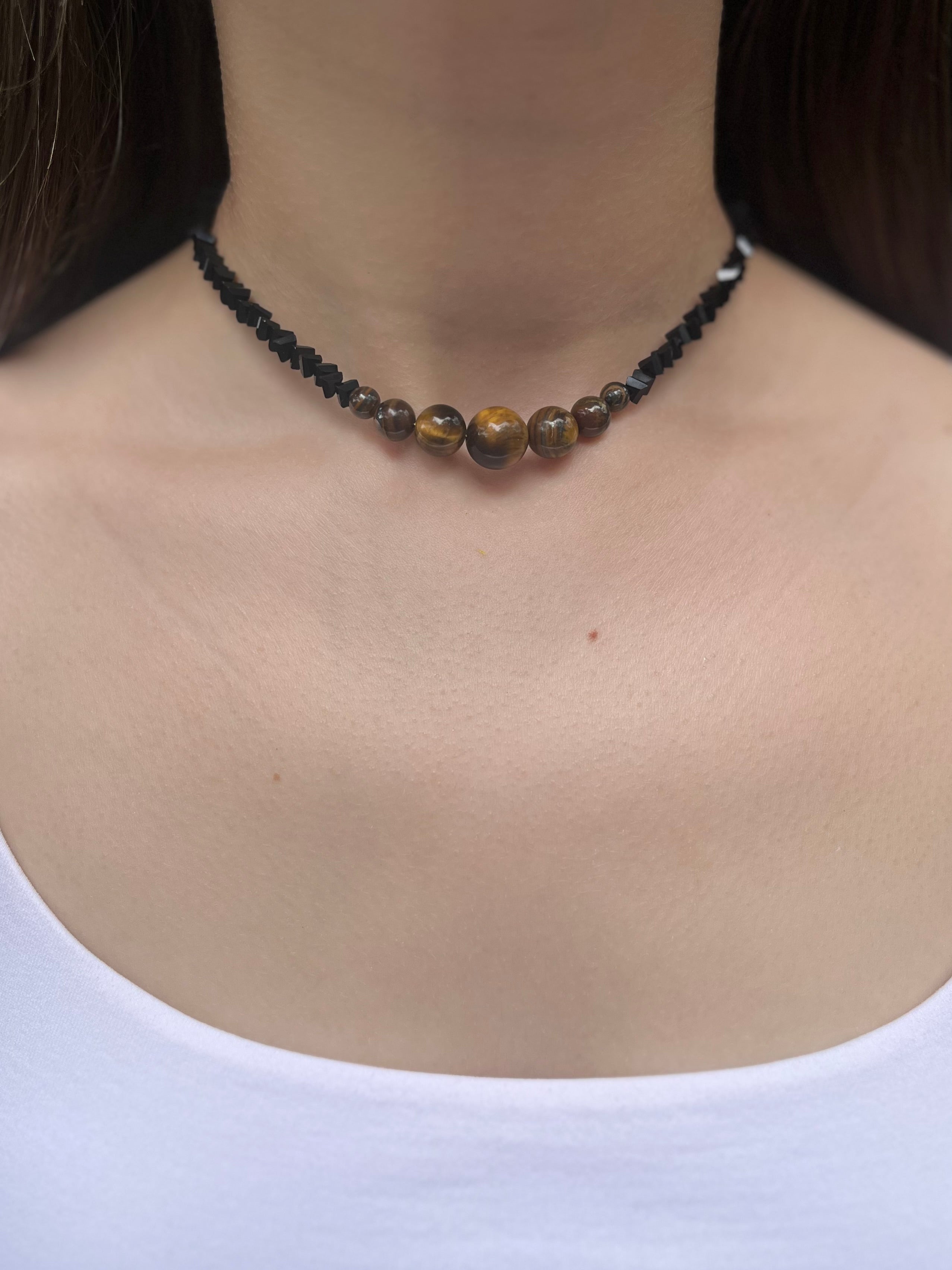 Set: Black Crystal Choker Necklace with Tiger Eye and earrings