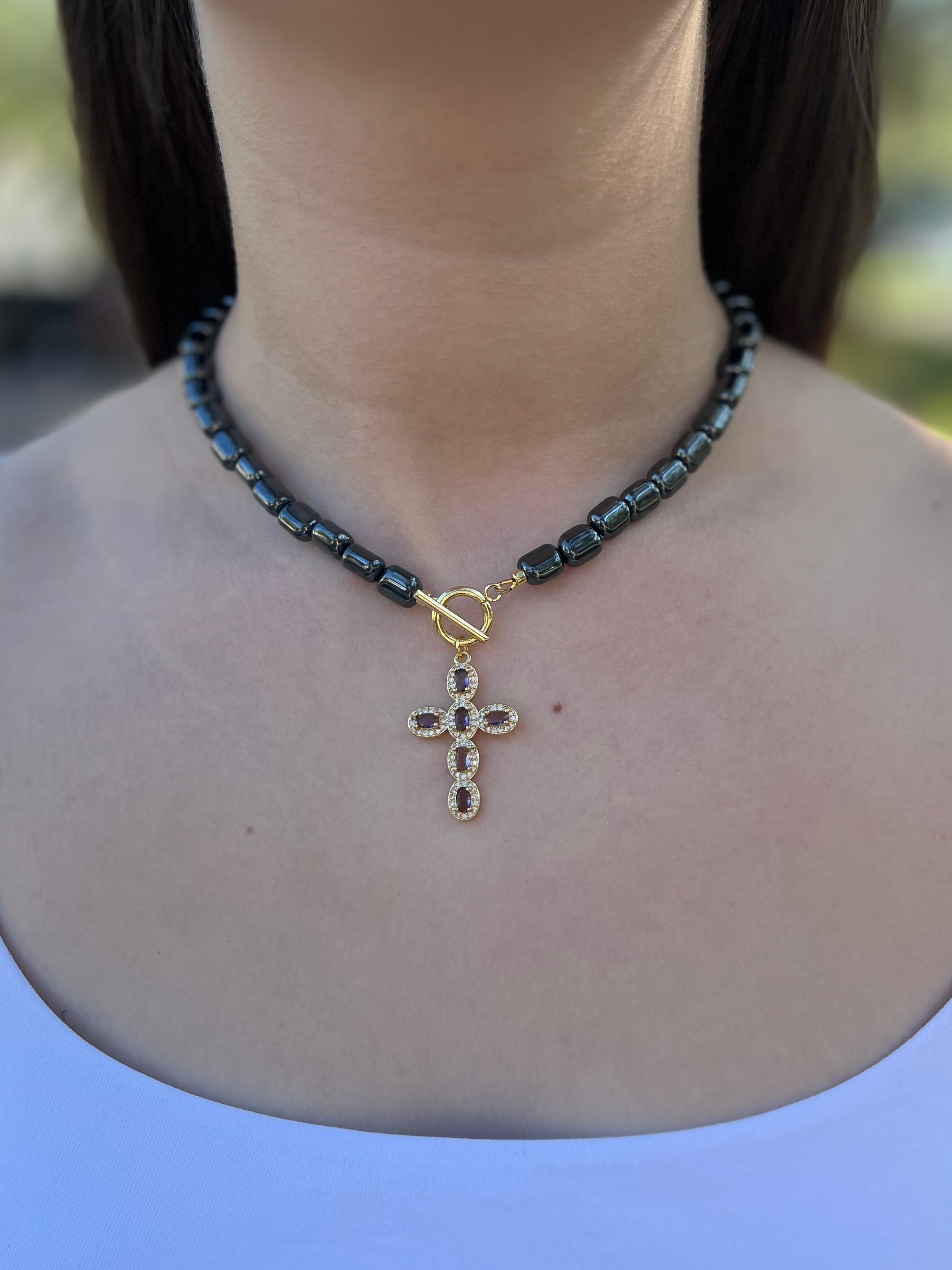 Hematite Choker Necklace with Cross pendant: 18K Gold Plated