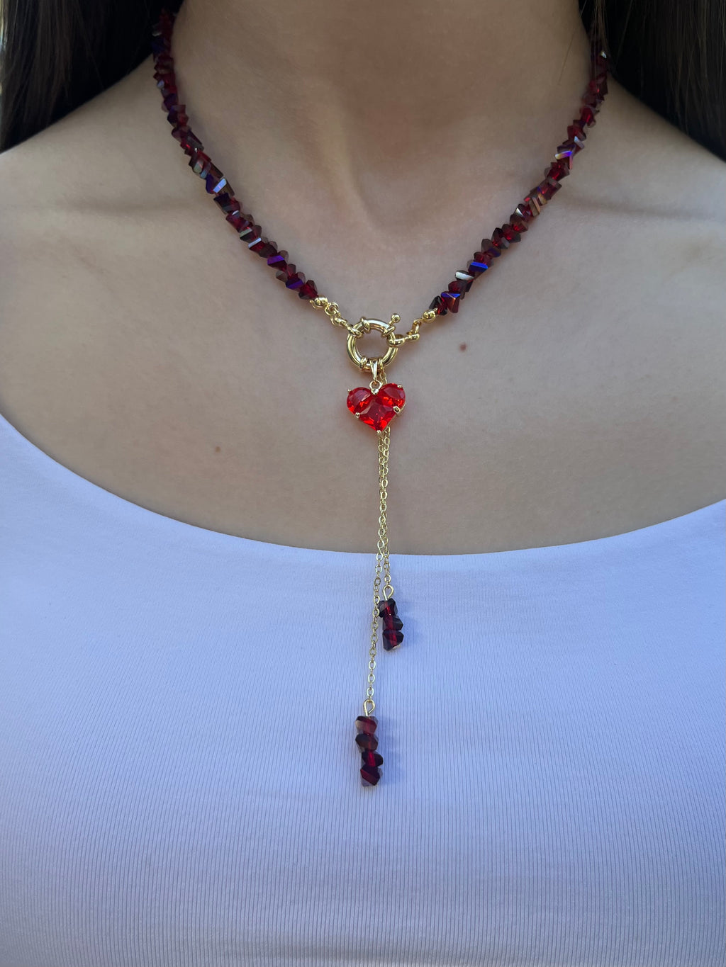 Set: Heart Crystal Burgundy Y-Necklace and Earrings – 18K Gold Plated