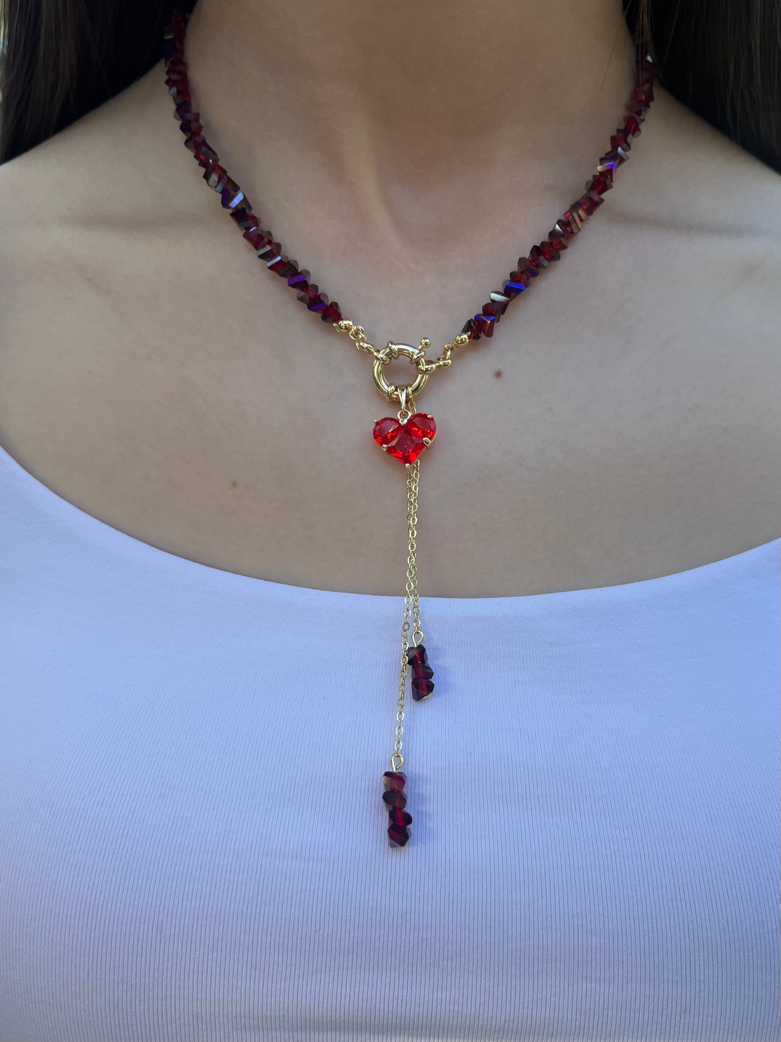 Set: Heart Crystal Burgundy Y-Necklace and Earrings – 18K Gold Plated