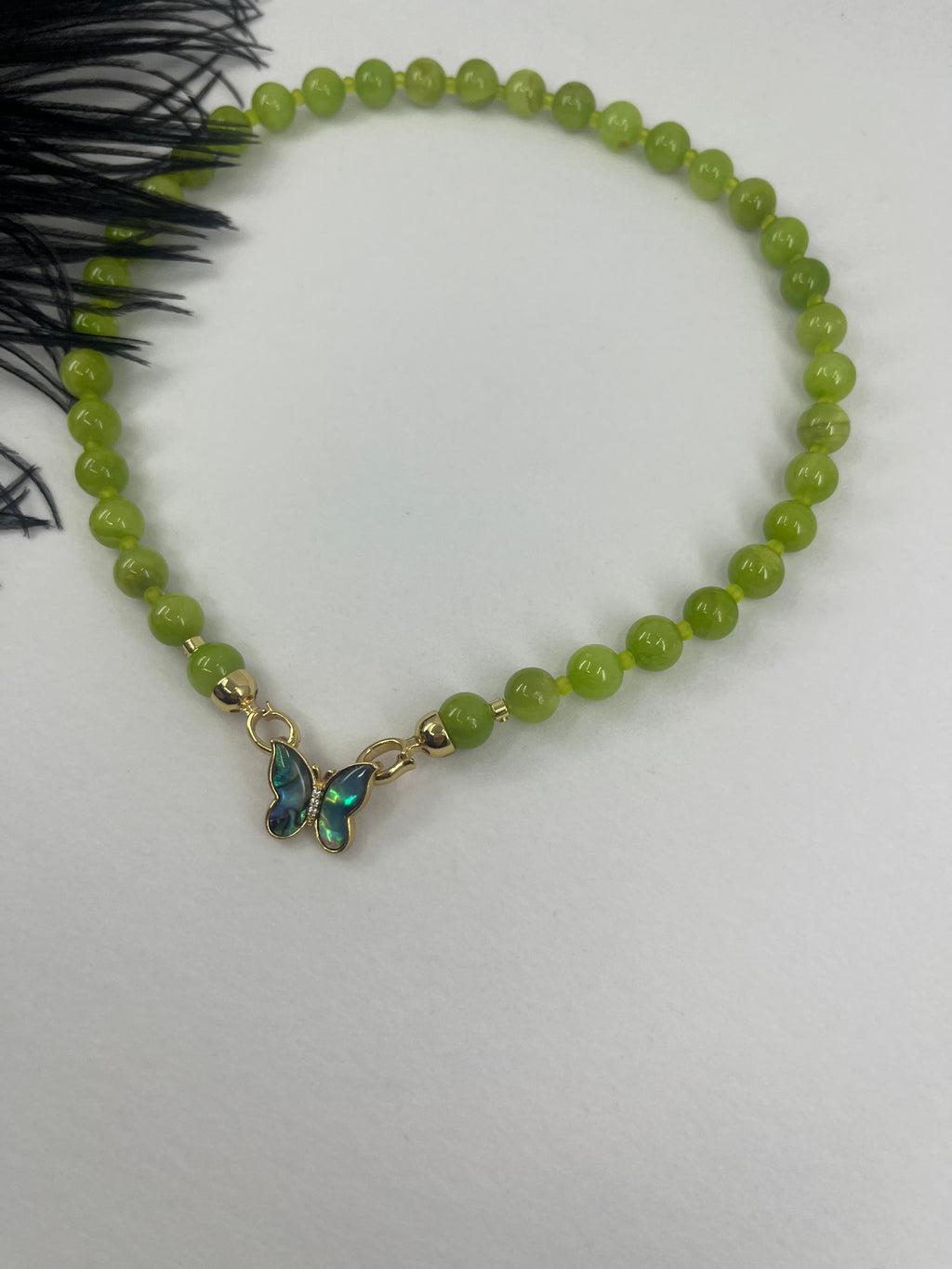 Natural Light Green Jade Necklace with 18K Gold Butterfly Clasp