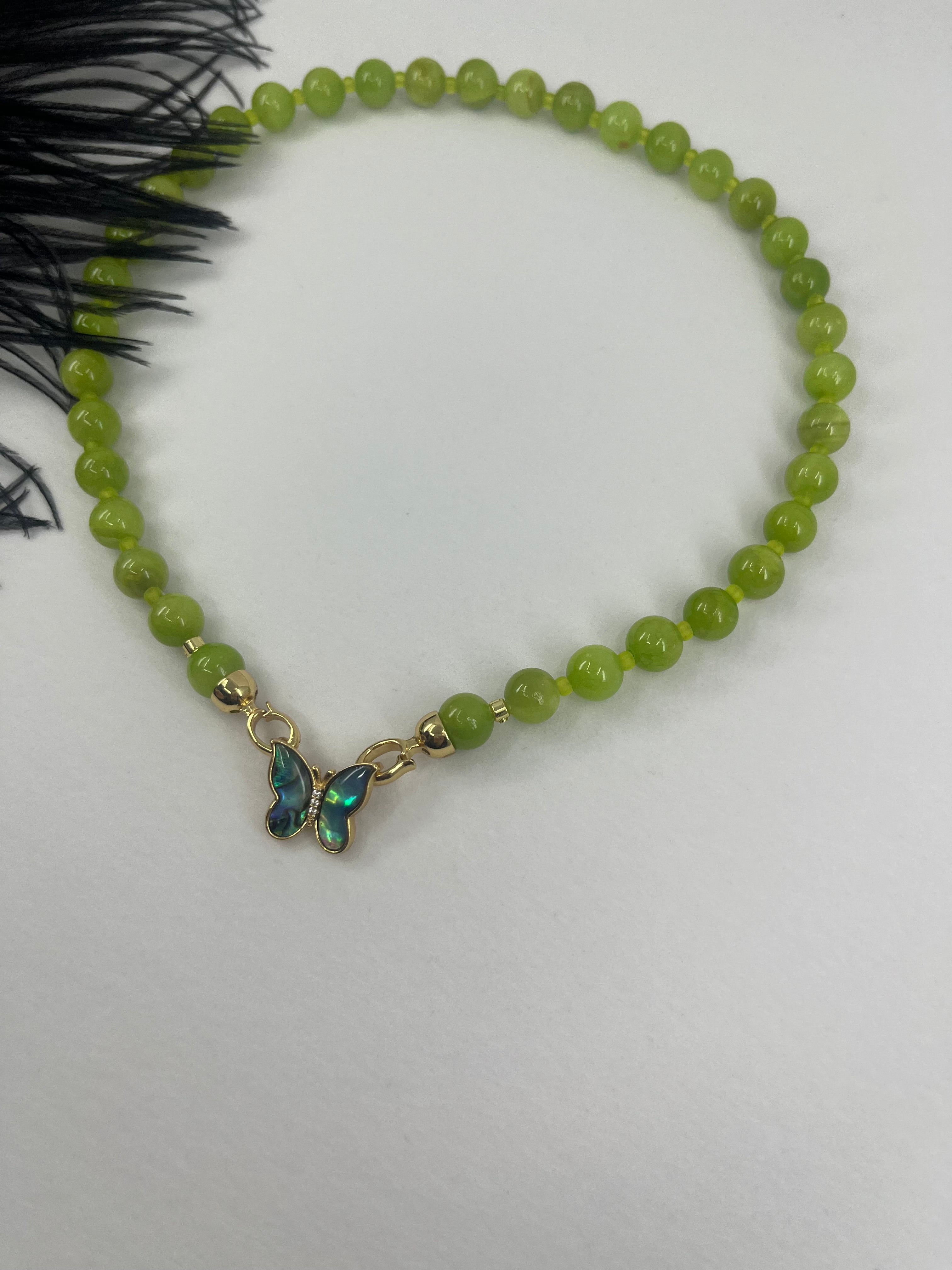 Natural Light Green Jade Necklace with 18K Gold Butterfly Clasp