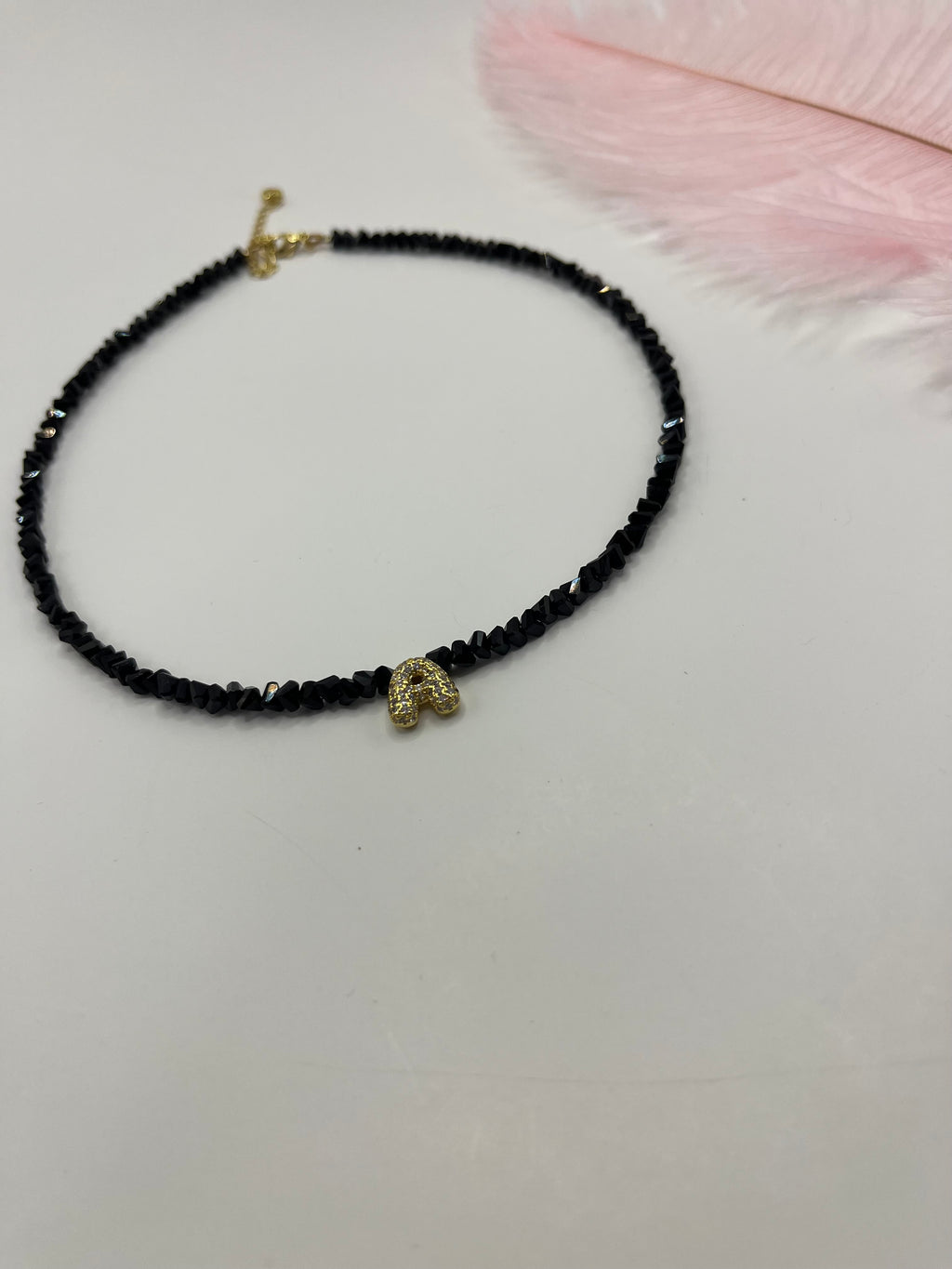 Initial Charm Black Crystal Necklace – 18K Gold Plated, Cubic Zirconia