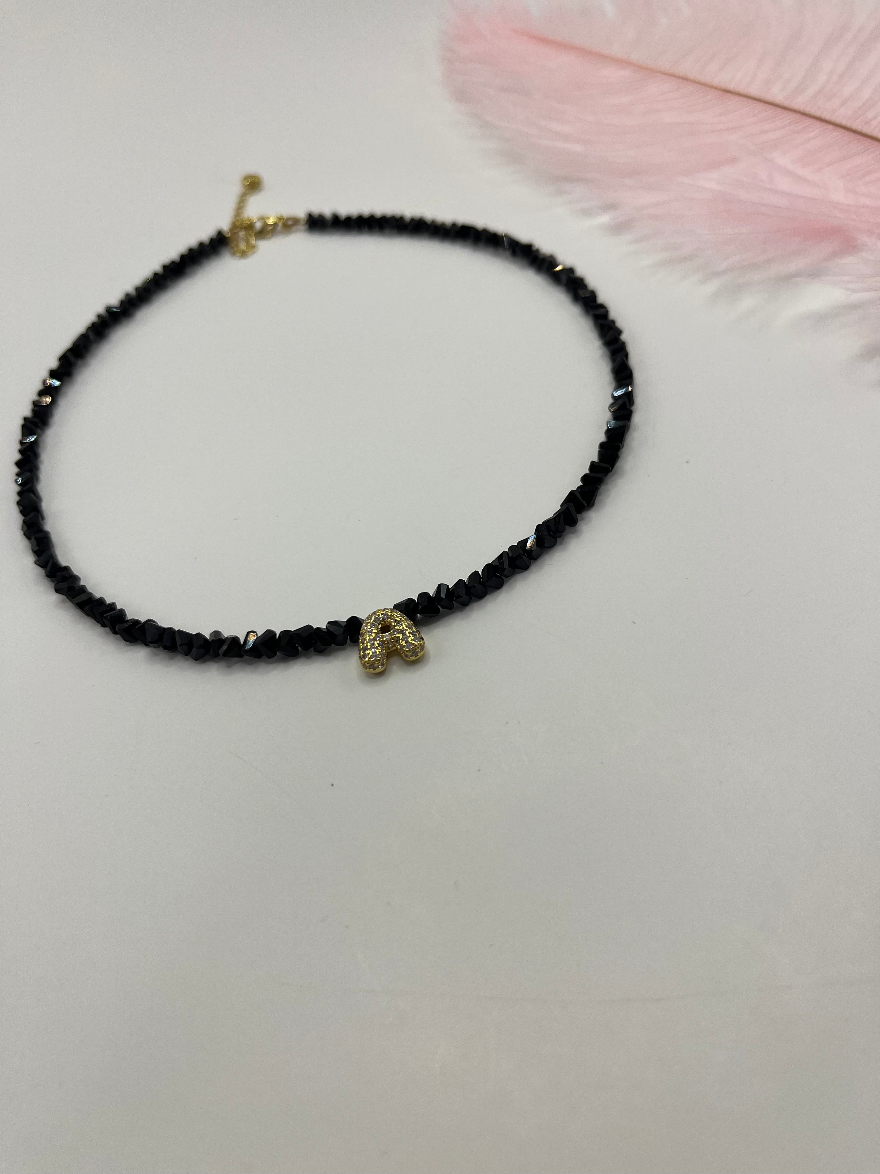 Initial Charm Black Crystal Necklace – 18K Gold Plated, Cubic Zirconia