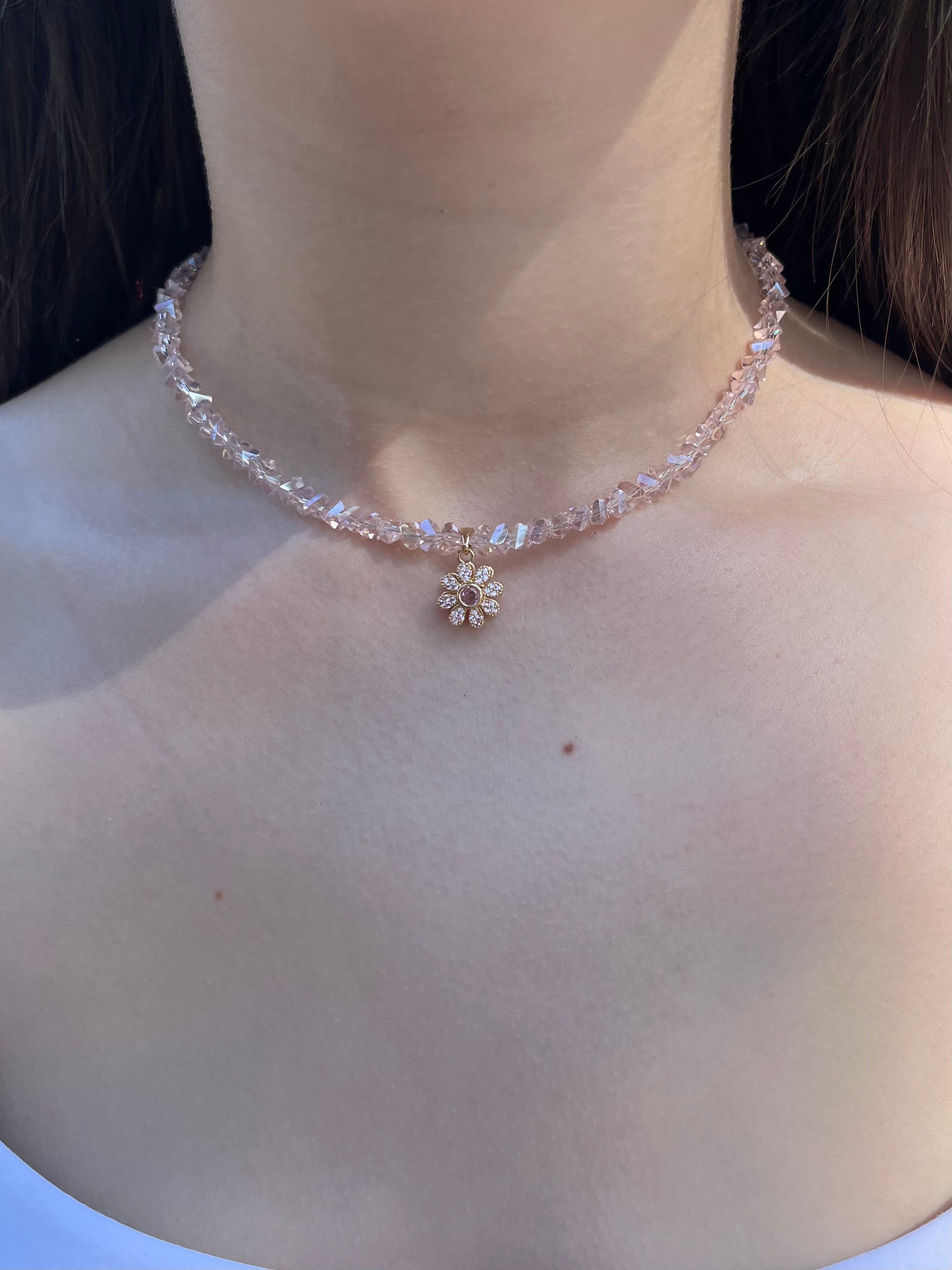 Flower Spinner Crystal Necklace, 18k gold plated