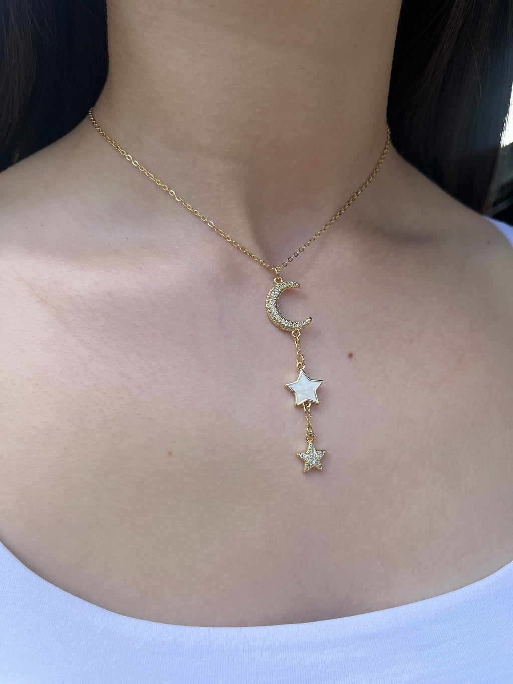 Zirconia Star and Moon Choker Necklace, Real 18K Gold Plated