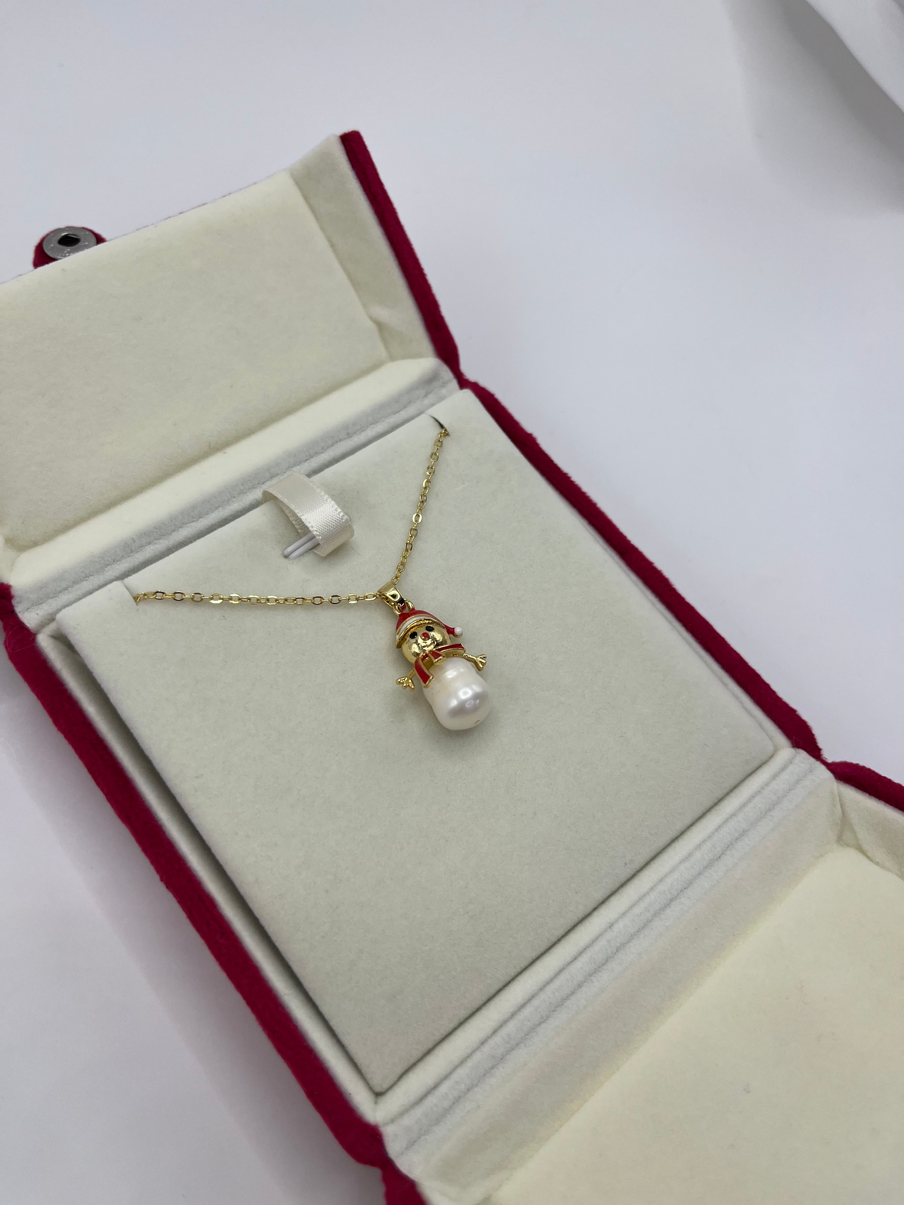 Natural freshwater Pearl Snowman Necklace: 18K Gold Plated Christmas Pendant
, including velvet box