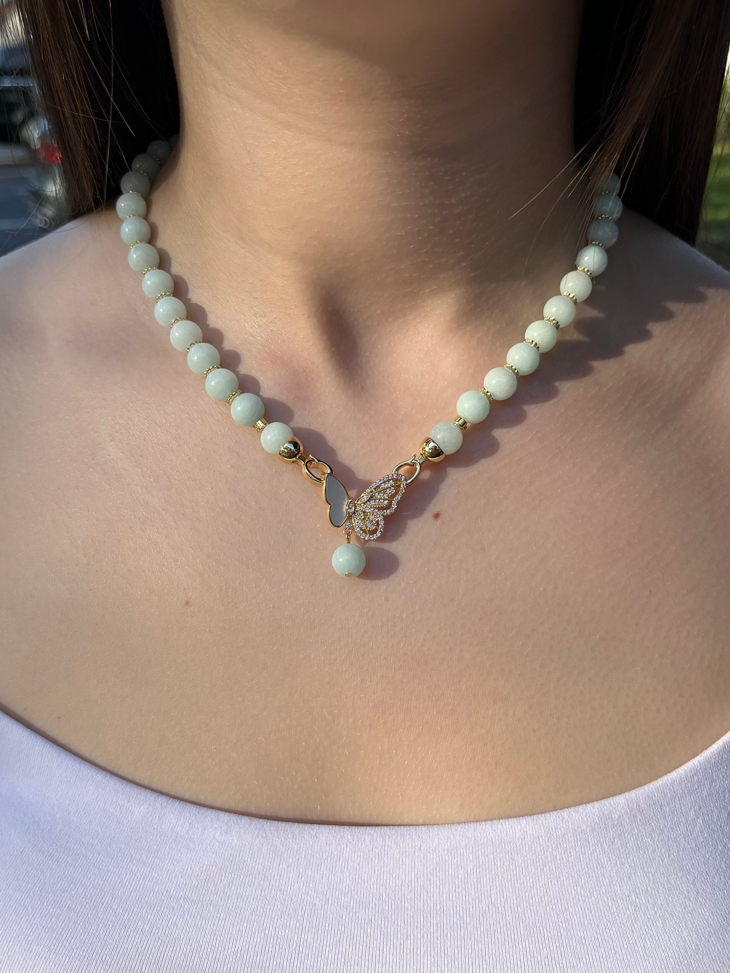 Natural Malaysia Jade Necklace with 18K Gold Butterfly Clasp