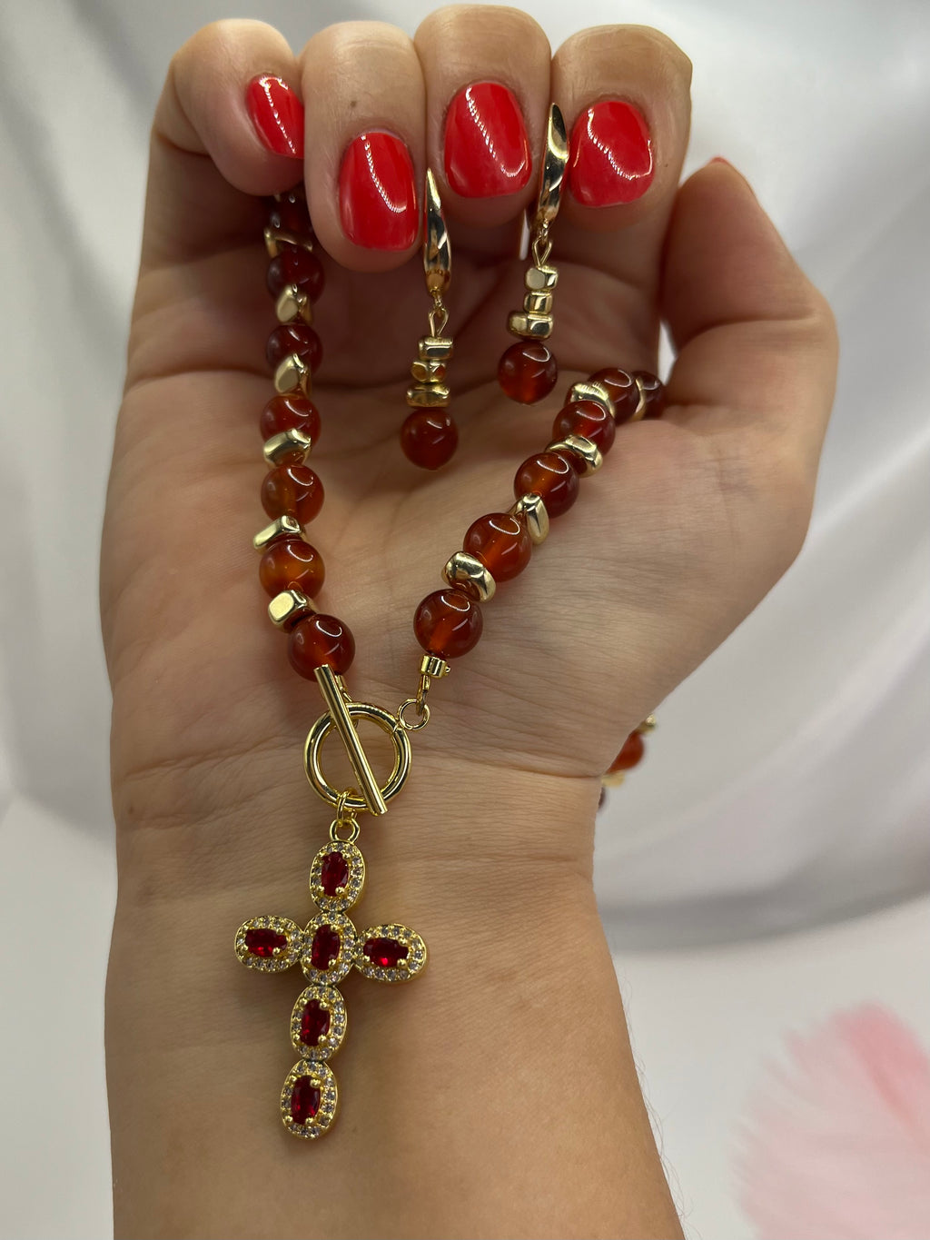 Set: Natural Carnelian Necklace with 18K Gold Cross and earrings