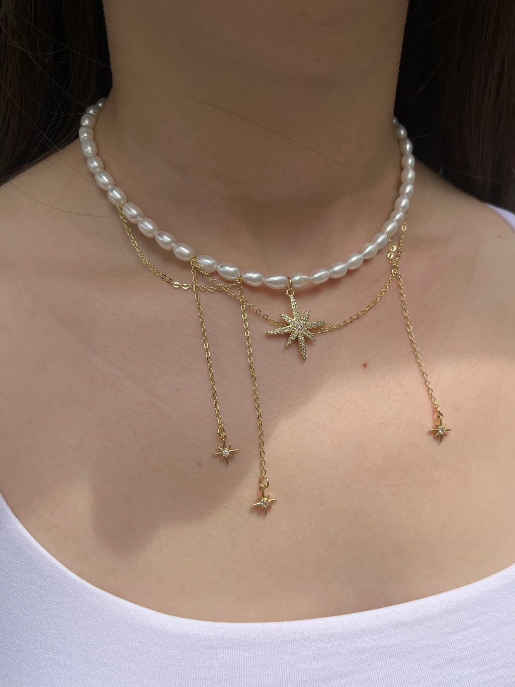 Layered Pearl Star Necklace, 18K Gold Plated