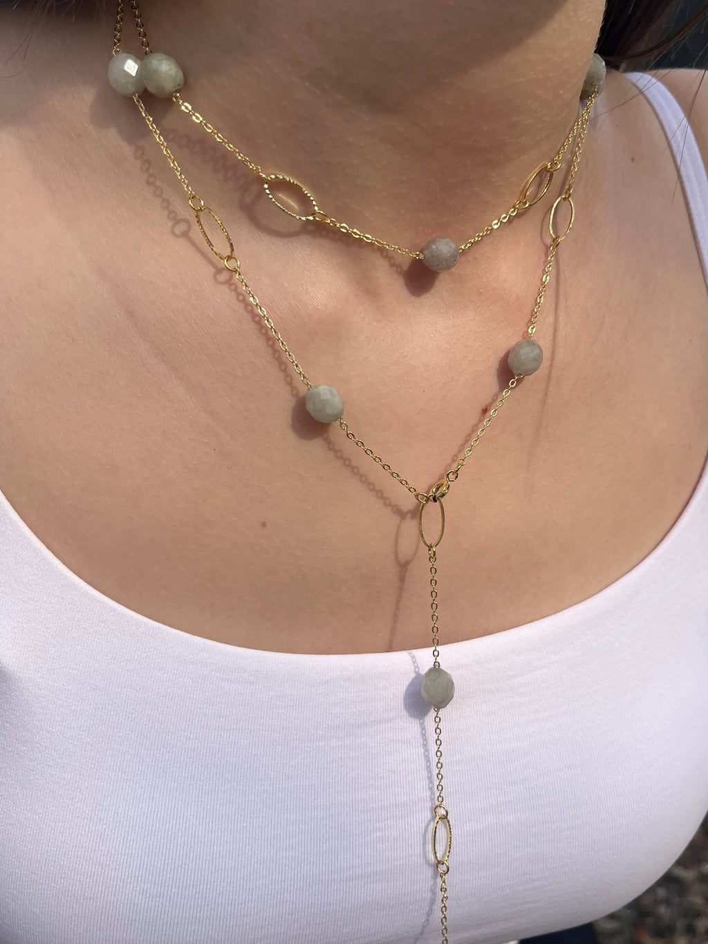 Layered Long Natural Malaysia Jade Necklace with 18K Gold chain