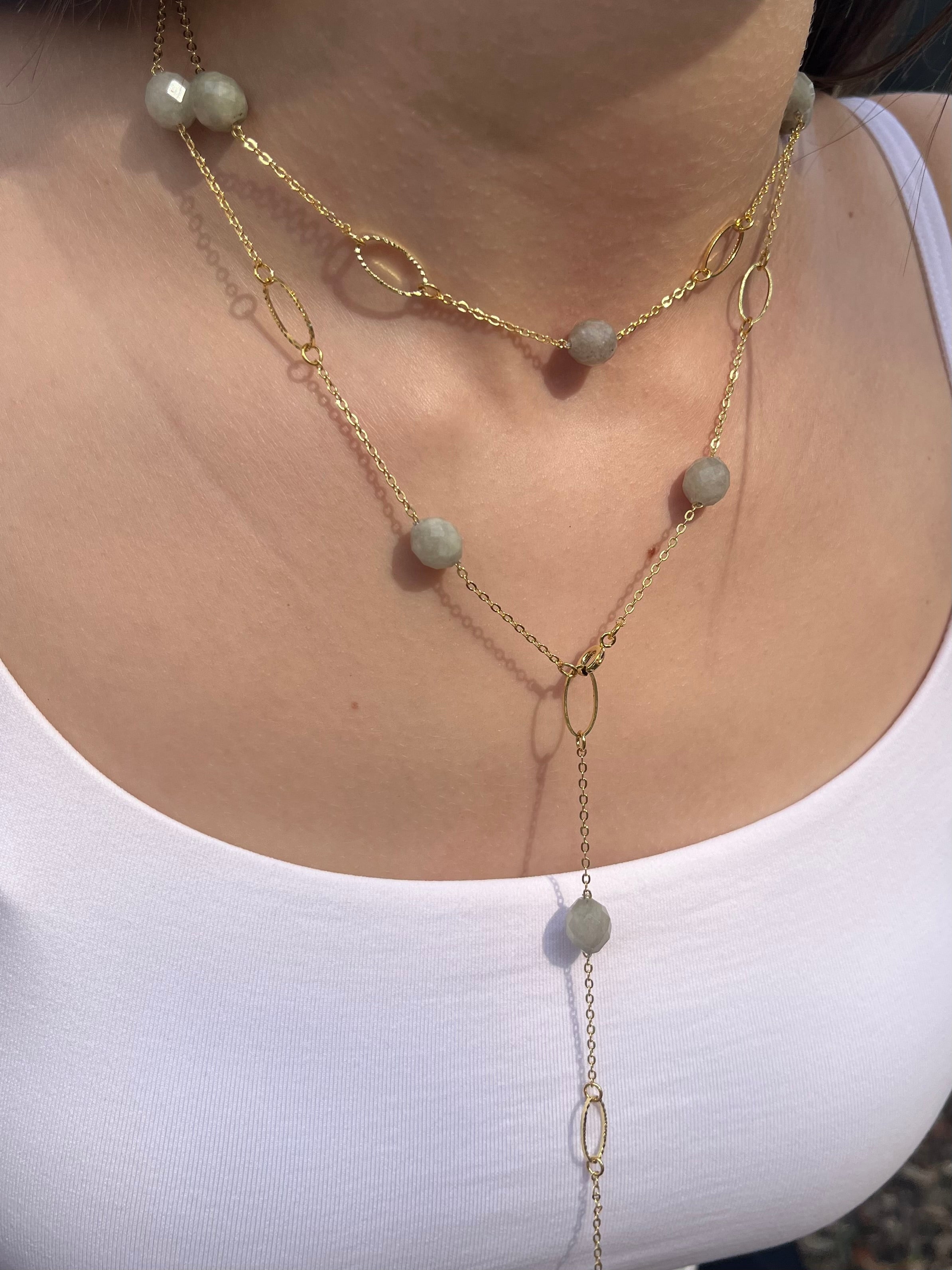 Layered Long Natural Malaysia Jade Necklace with 18K Gold chain