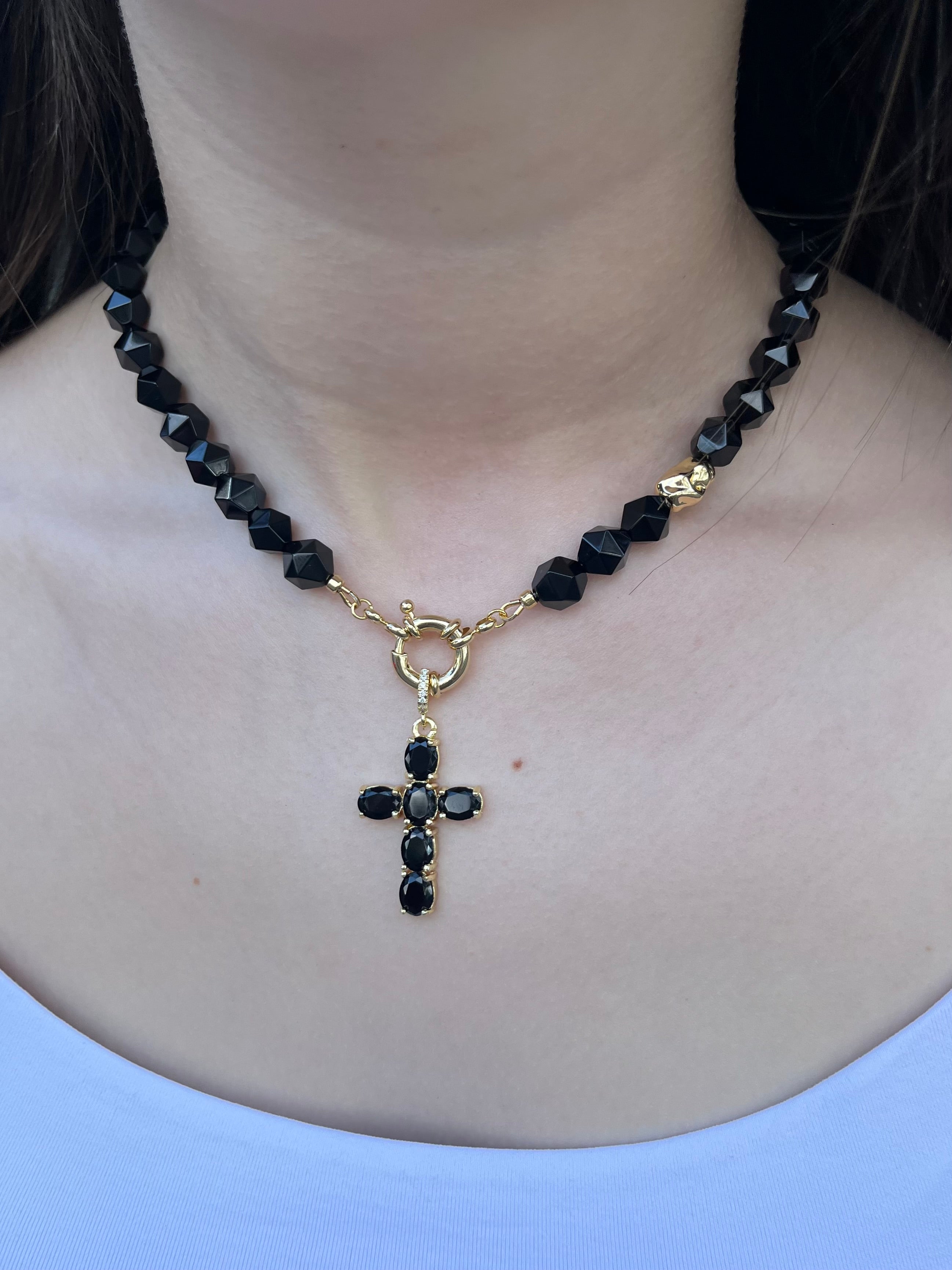 Natural Black Onyx Necklace with Gold Zirconia Cross