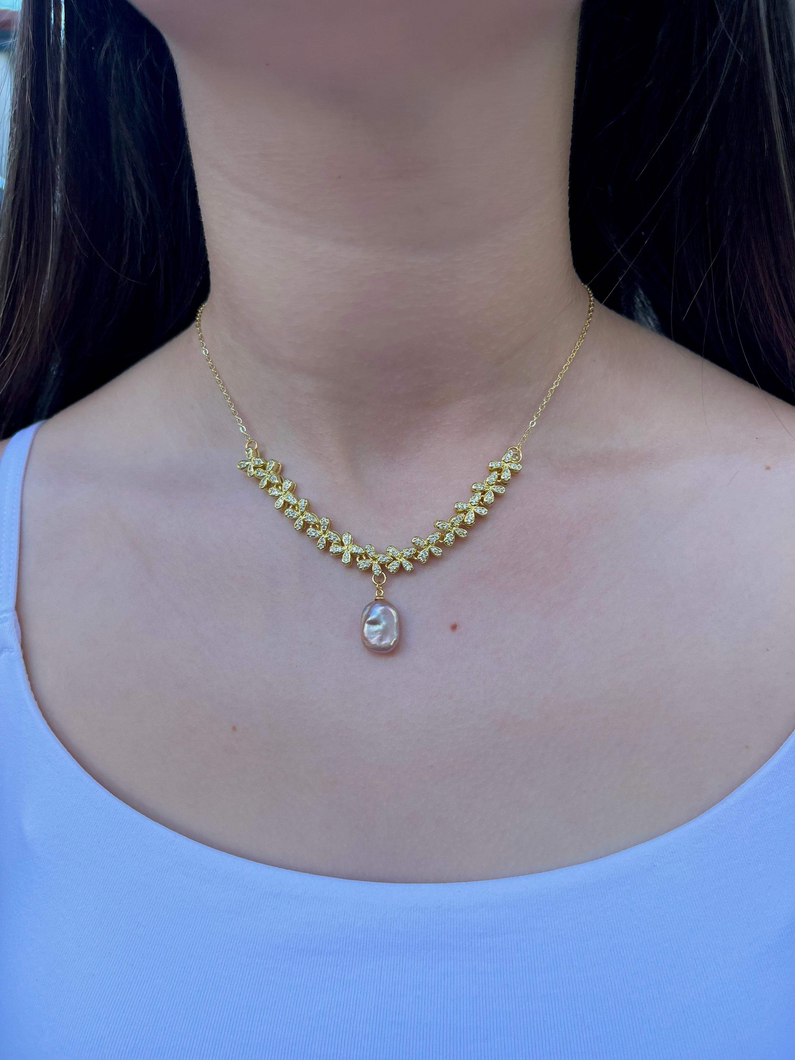 Baroque Pearl and zirconia Y-Necklace, 18k gold plated