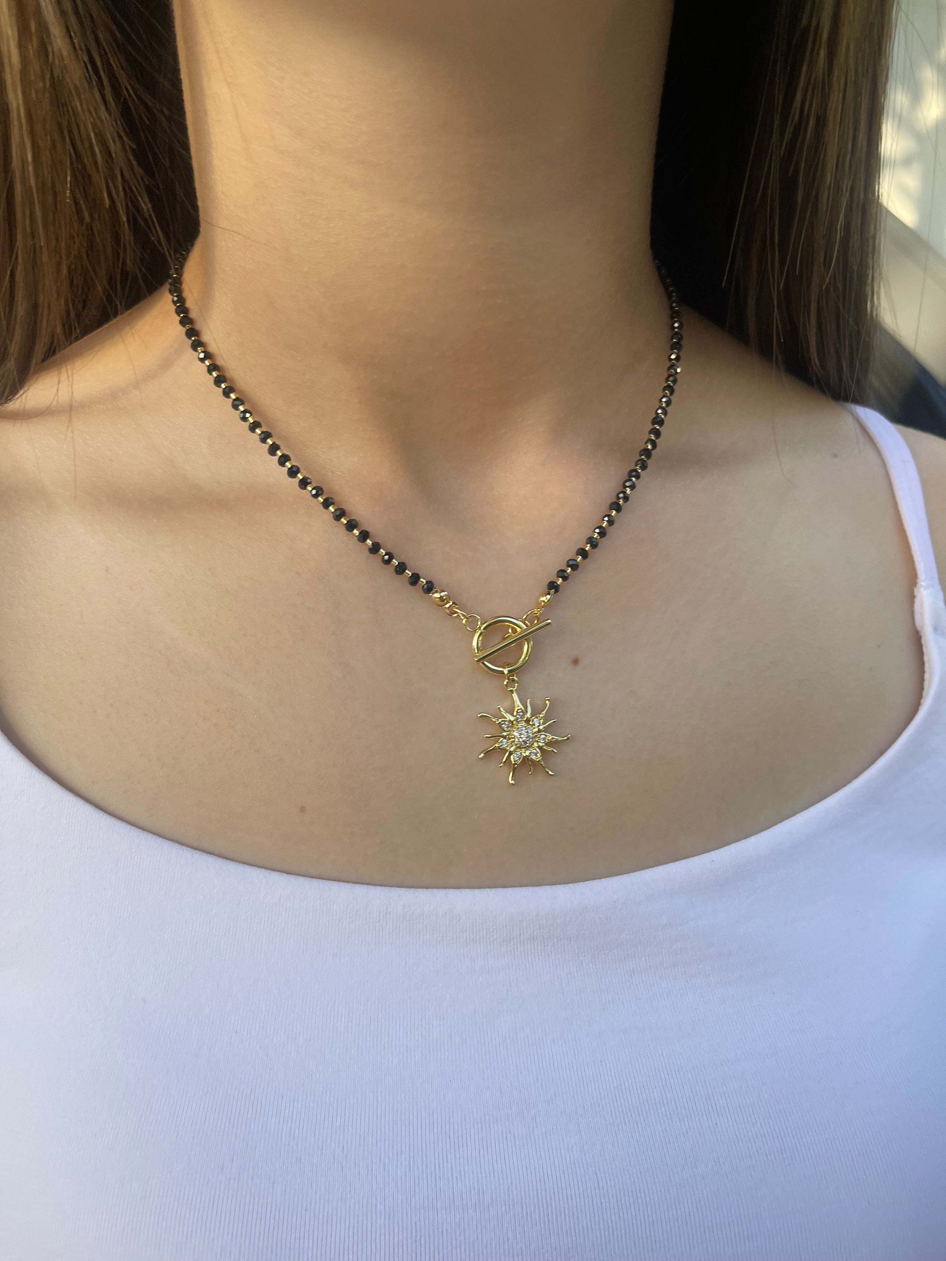 Spinel necklace with sun pendant, zirconia 18K Gold Plated