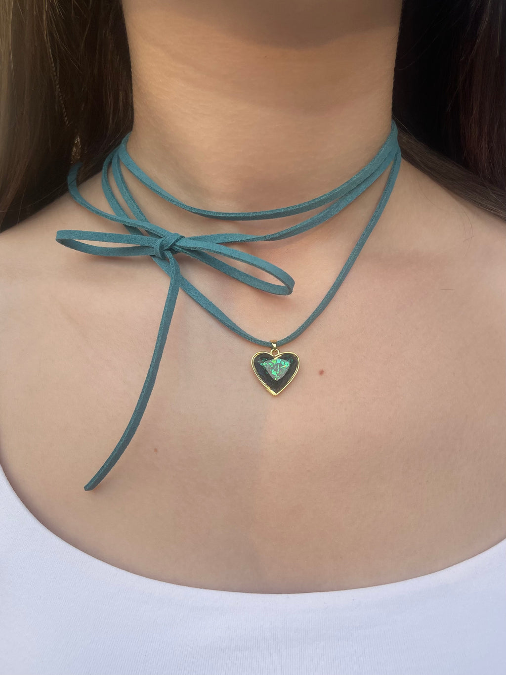 Turquoise Suede Bow Tie Wrap Choker, 18K gold Heart Pendant Necklace