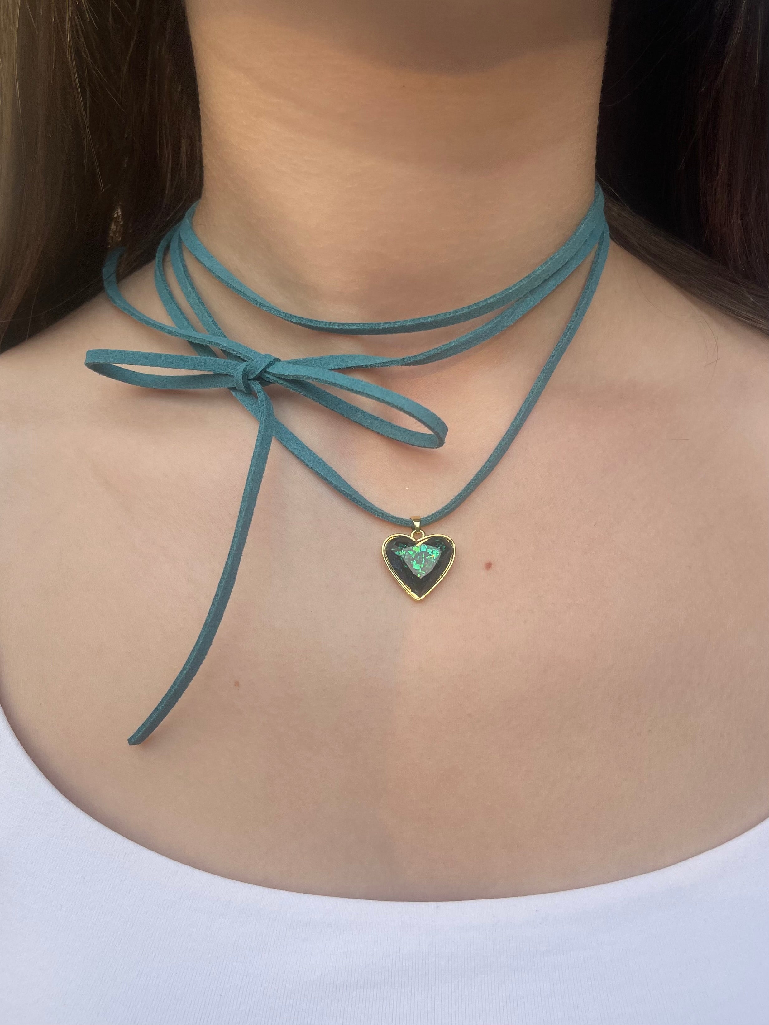 Turquoise Suede Bow Tie Wrap Choker, 18K gold Heart Pendant Necklace