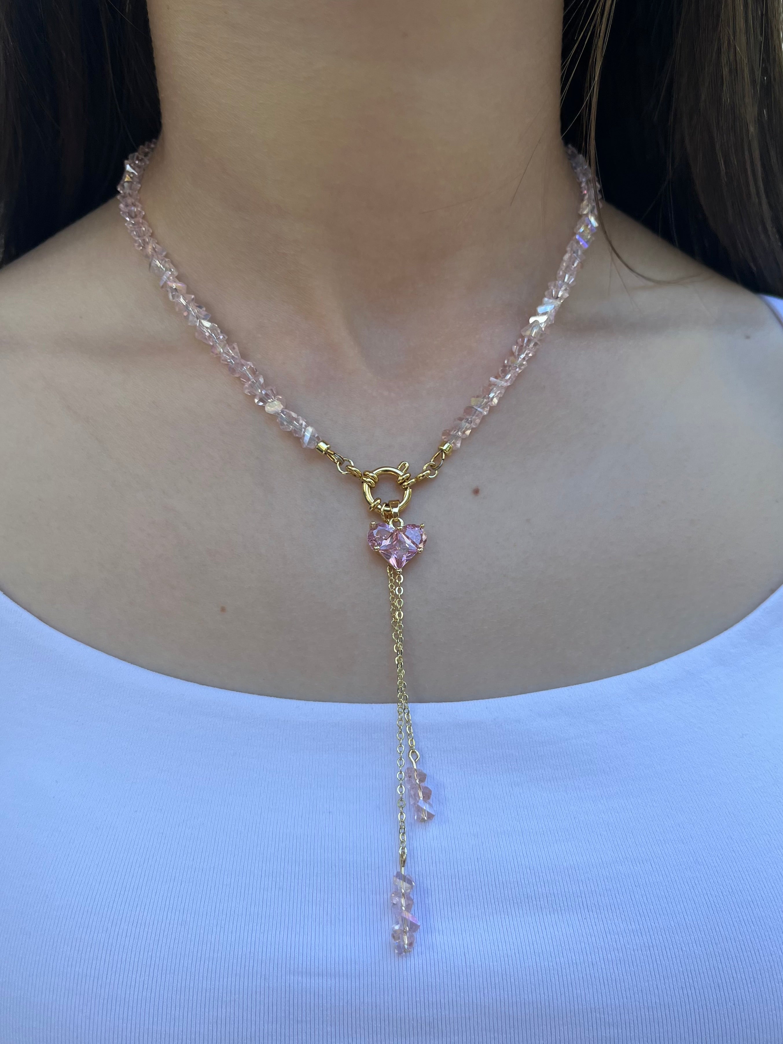 Set: Heart Pink Crystal Y-Necklace and Earrings – 18K Gold Plated, Cubic Zirconia
