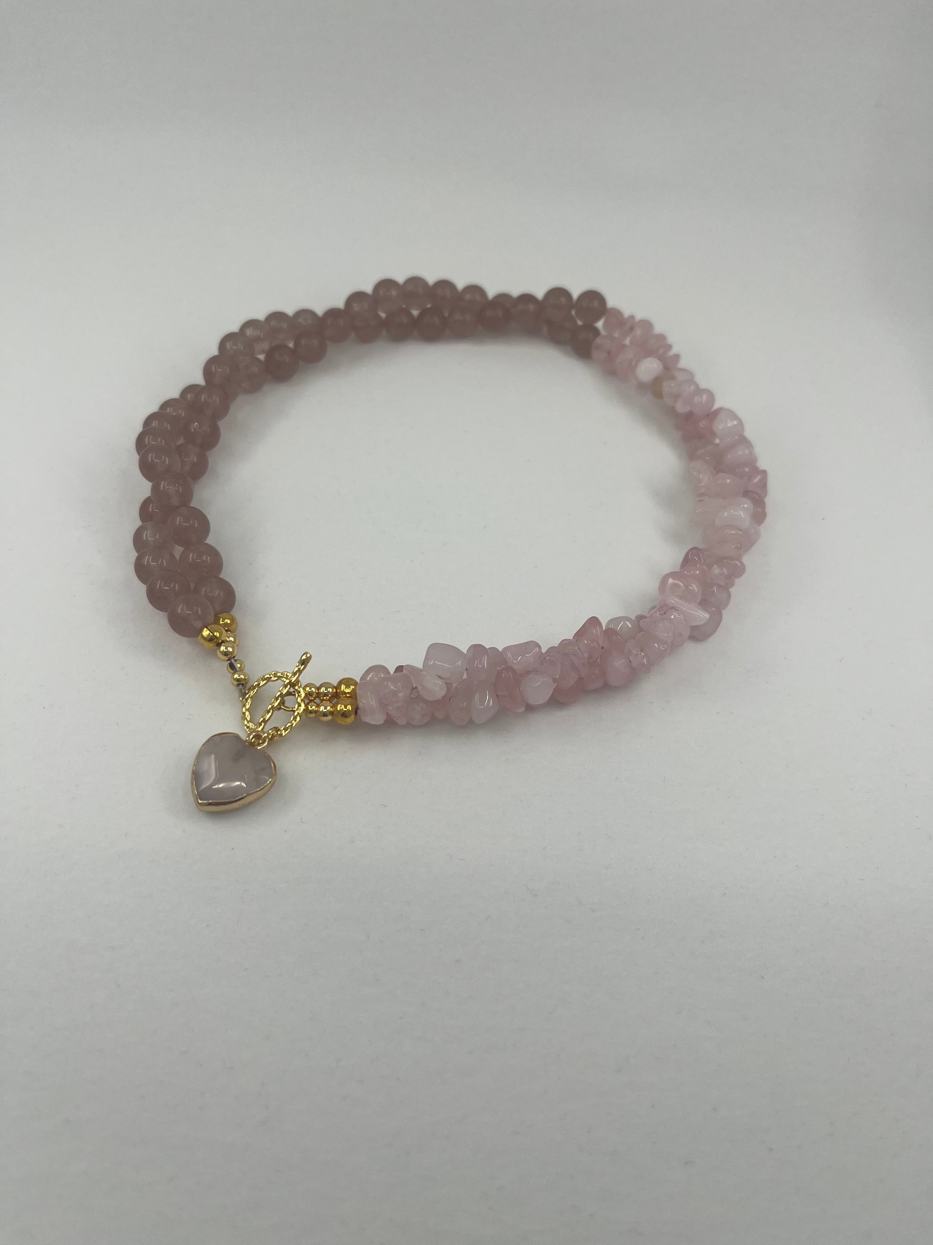 Asymmetrical Layered Strawberry Quartz Necklace with heart pendant: 18K Gold Plated Pendant