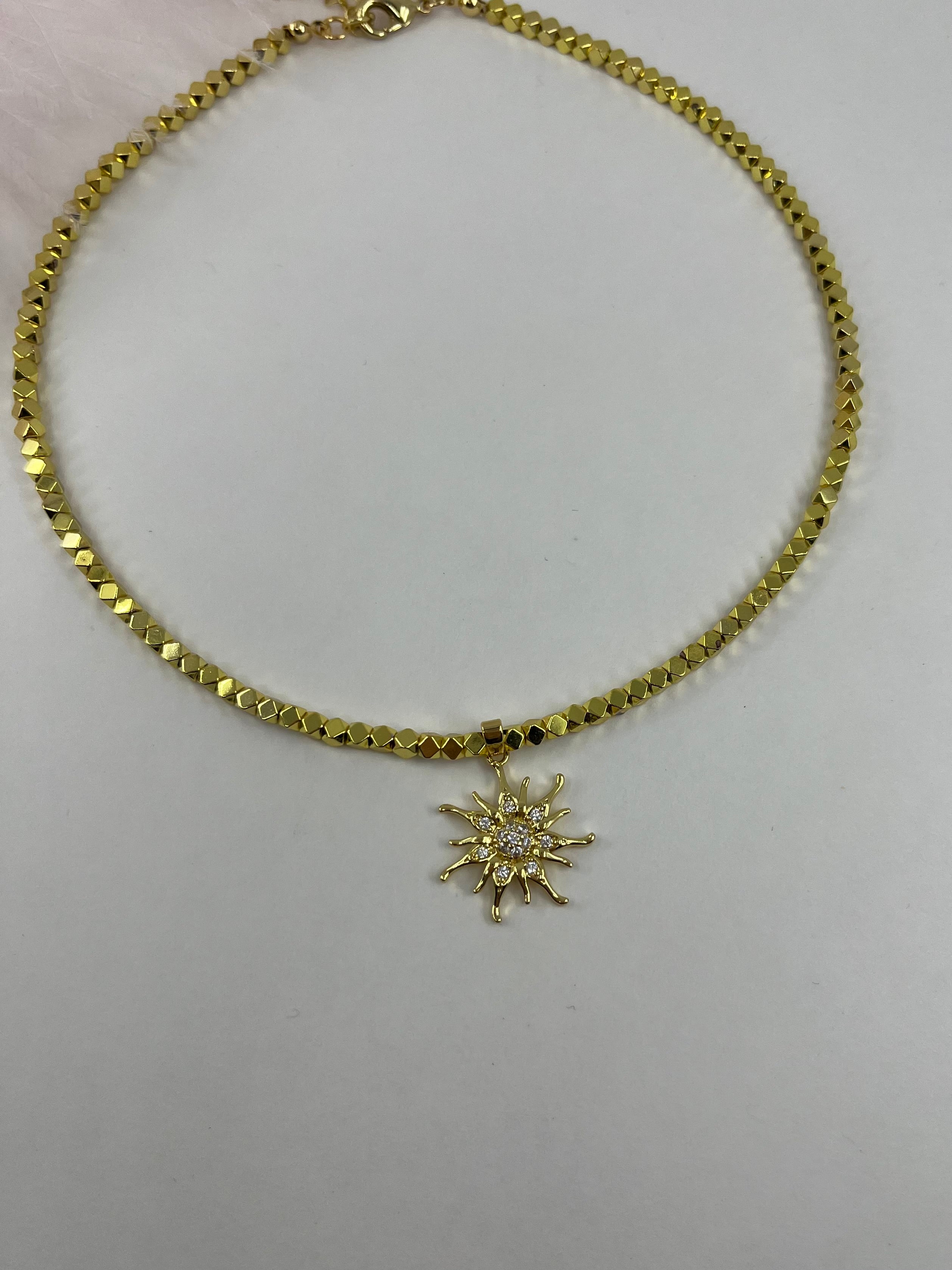 Gold Hematite Sun Necklace, 18K Gold Plated pendant