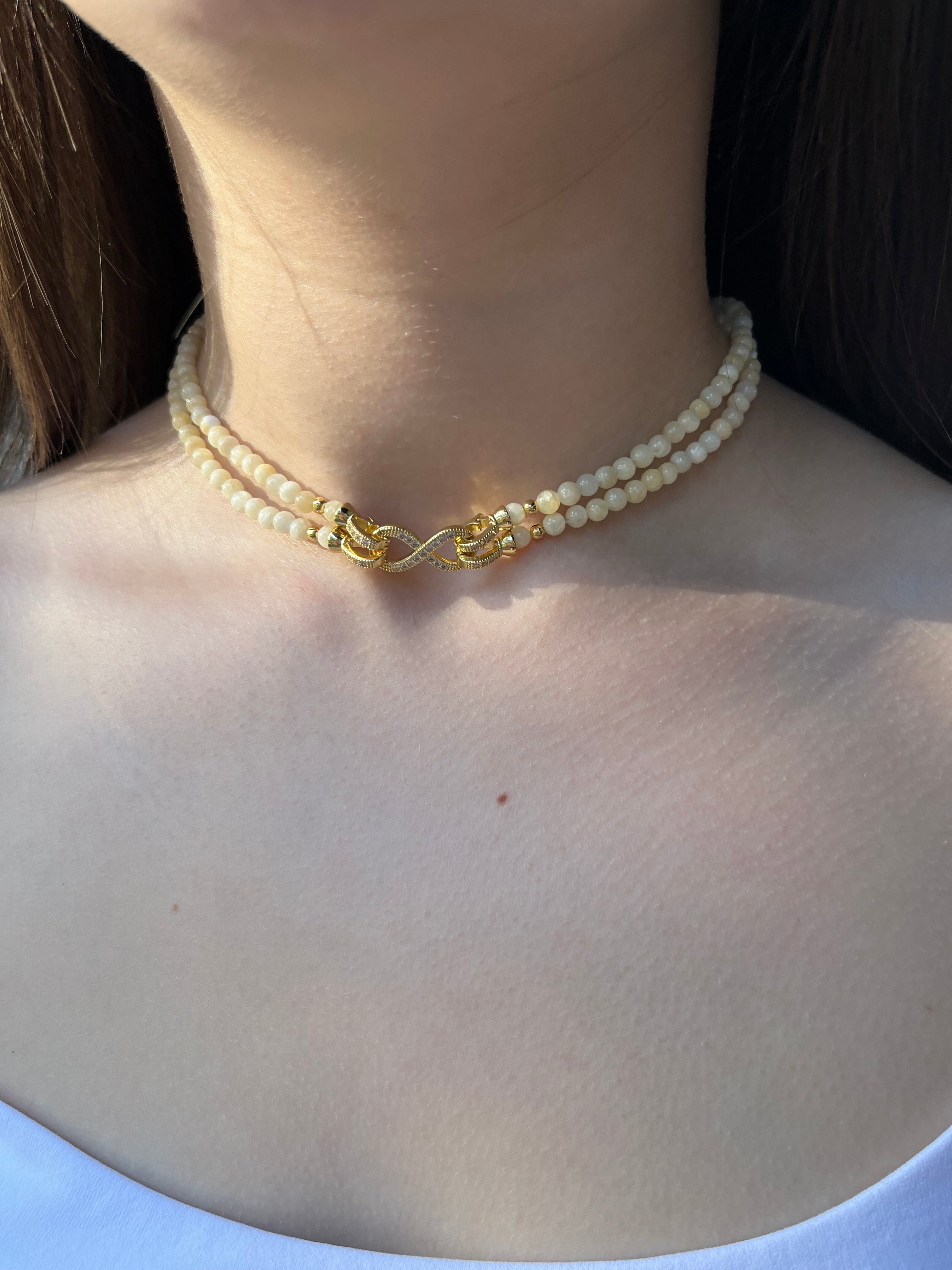 Topaz Jade Choker Necklace : 18K Gold Plated Zirconia Infinity Clasp