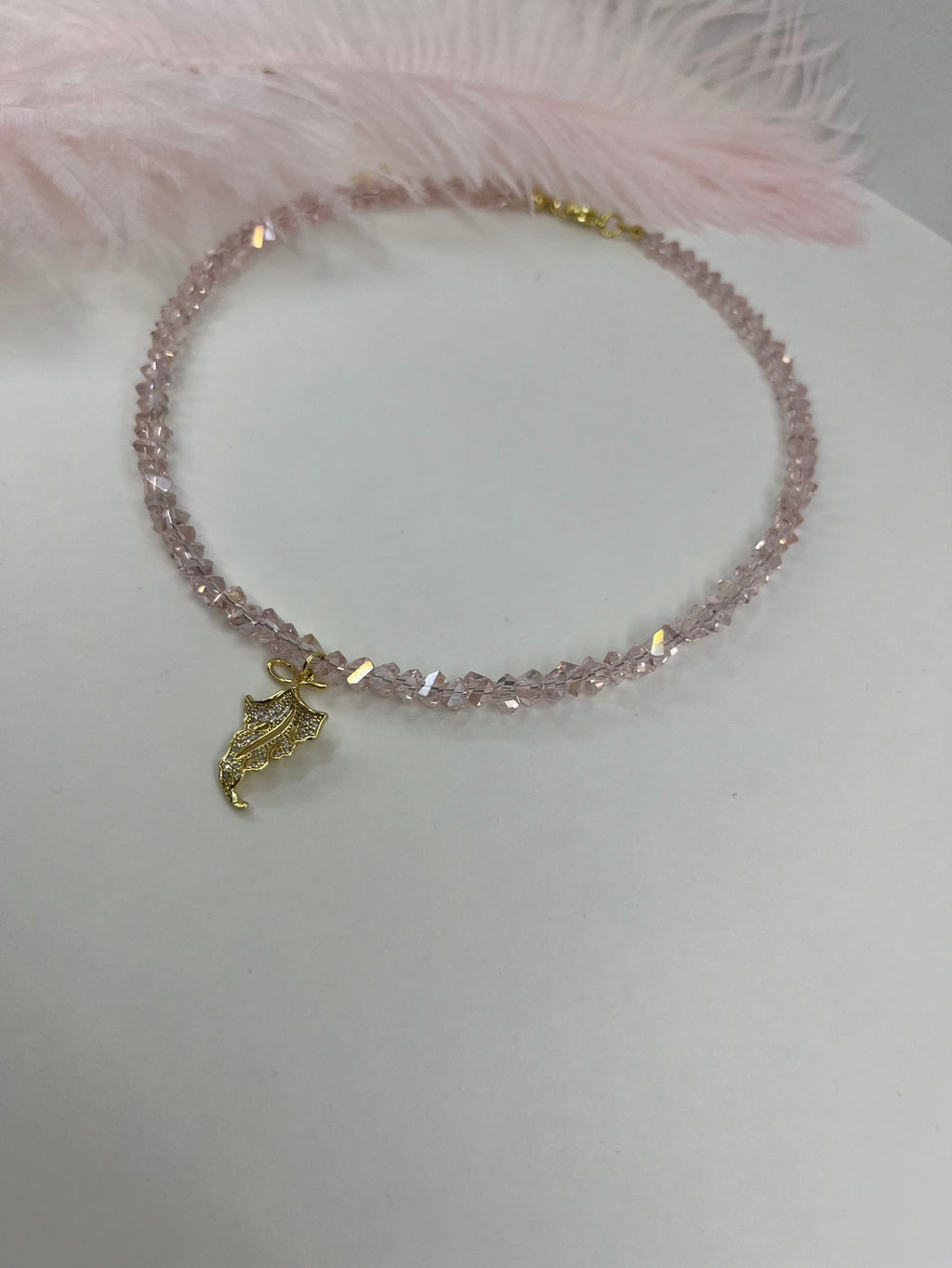 Pink crystal necklace with leaf pendant pendant