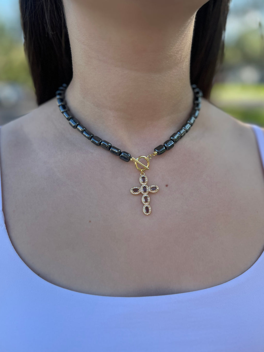 Hematite Choker Necklace with Cross pendant: 18K Gold Plated