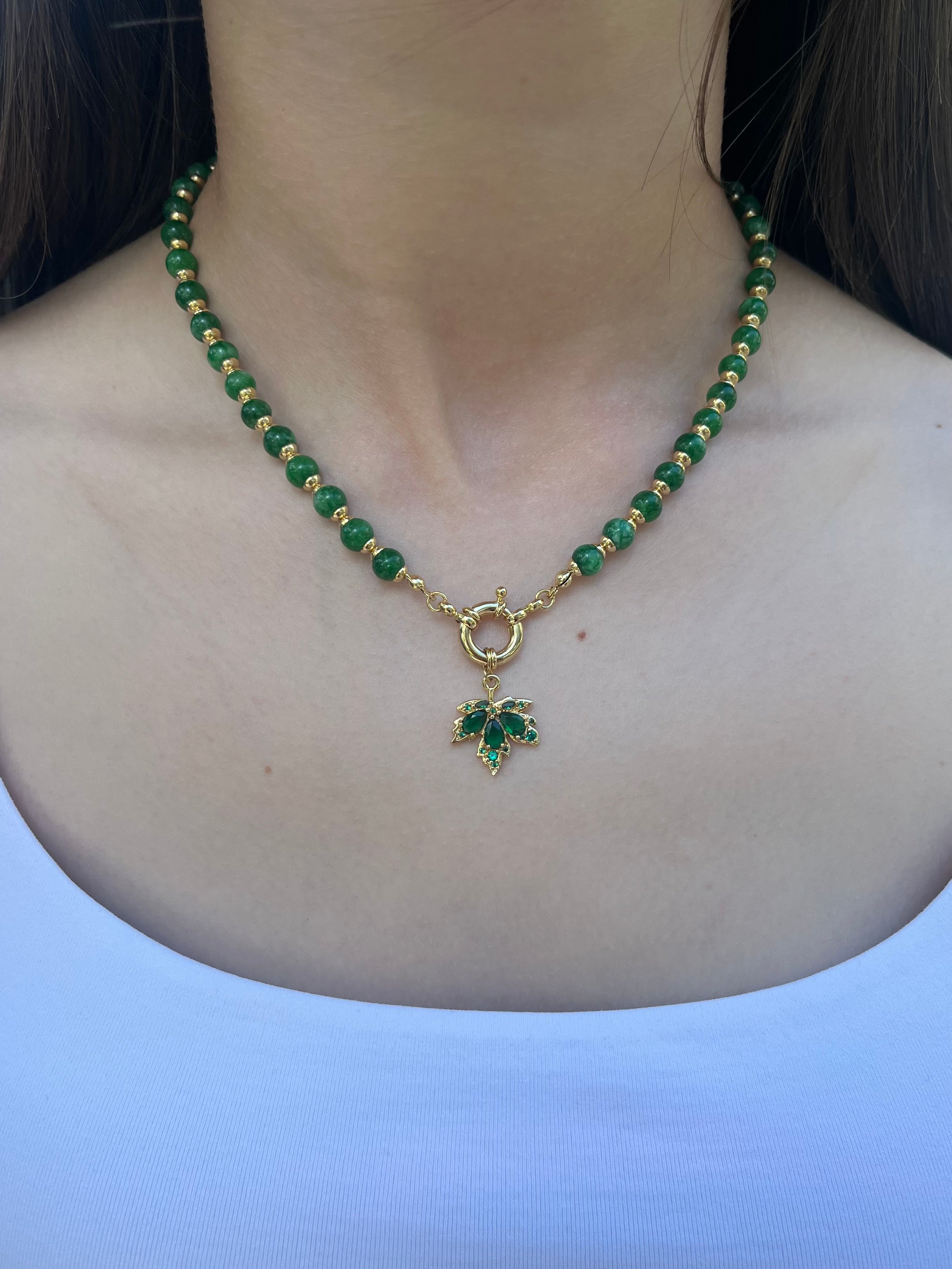 Natural Malaysia Jade Necklace with 18K Gold maple leaf pendant