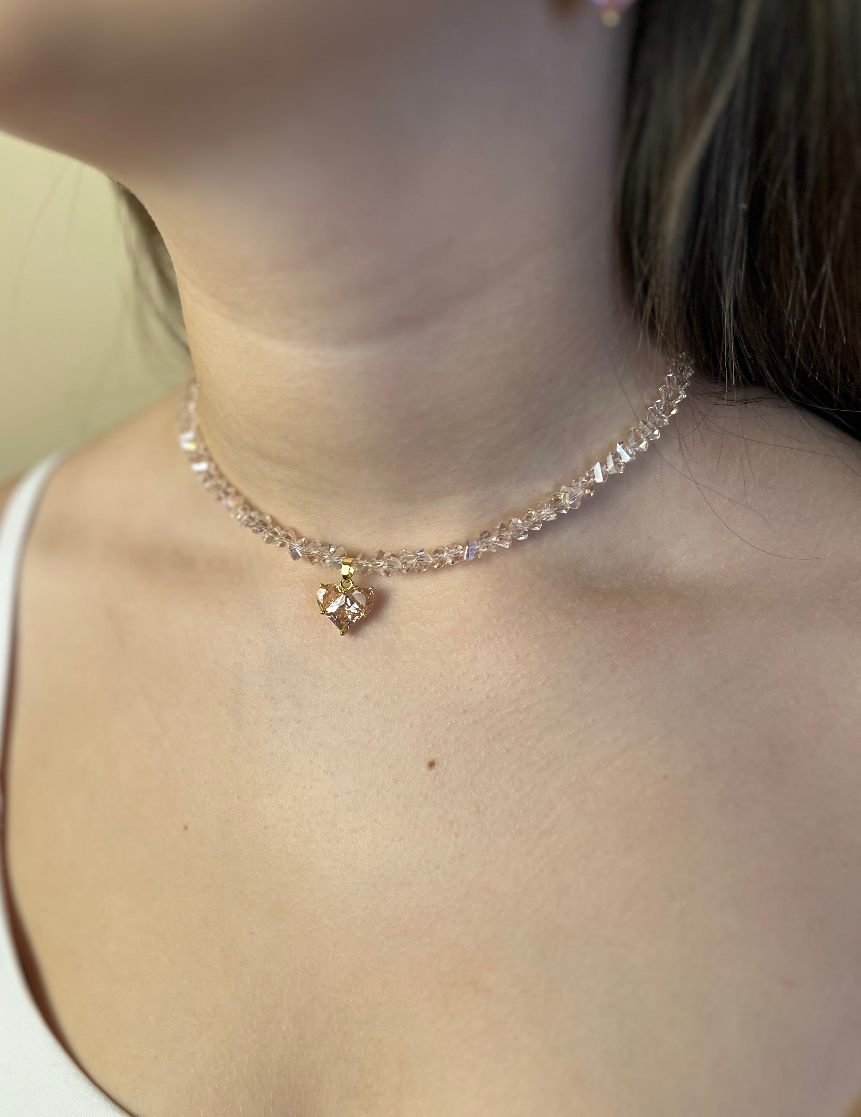 Set: Heart Pink Crystal Choker Necklace and Earrings – 18K Gold Plated, Cubic Zirconia, Nickel Free