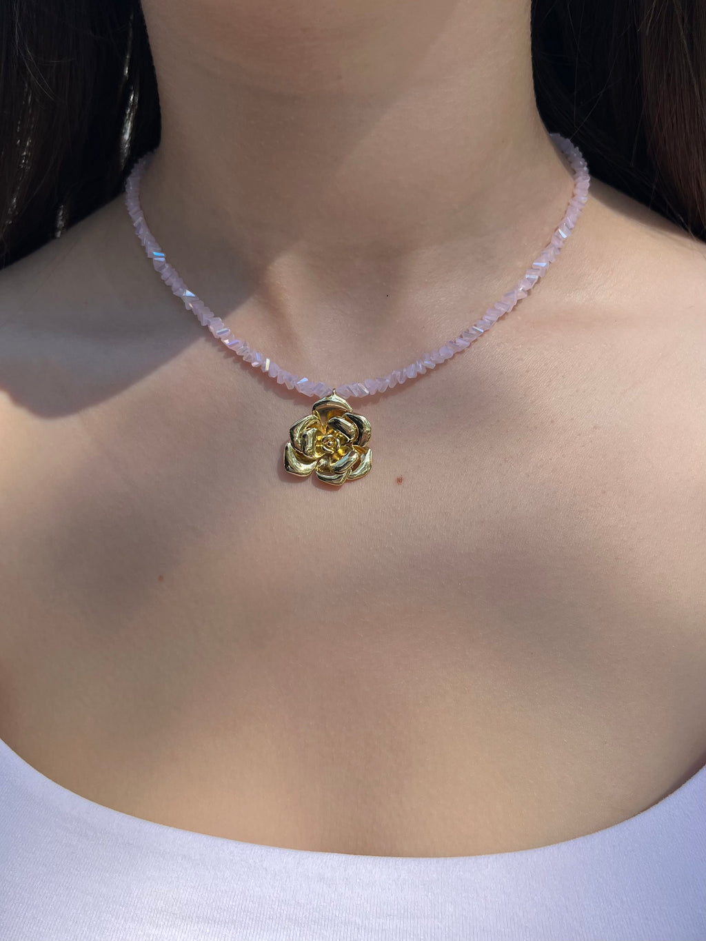 Crystal Pink Glass Bead Choker: 18K Gold Rose Pendant